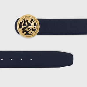 حزام من جلد العجل بإبزيم الأسد - كحلي غامق