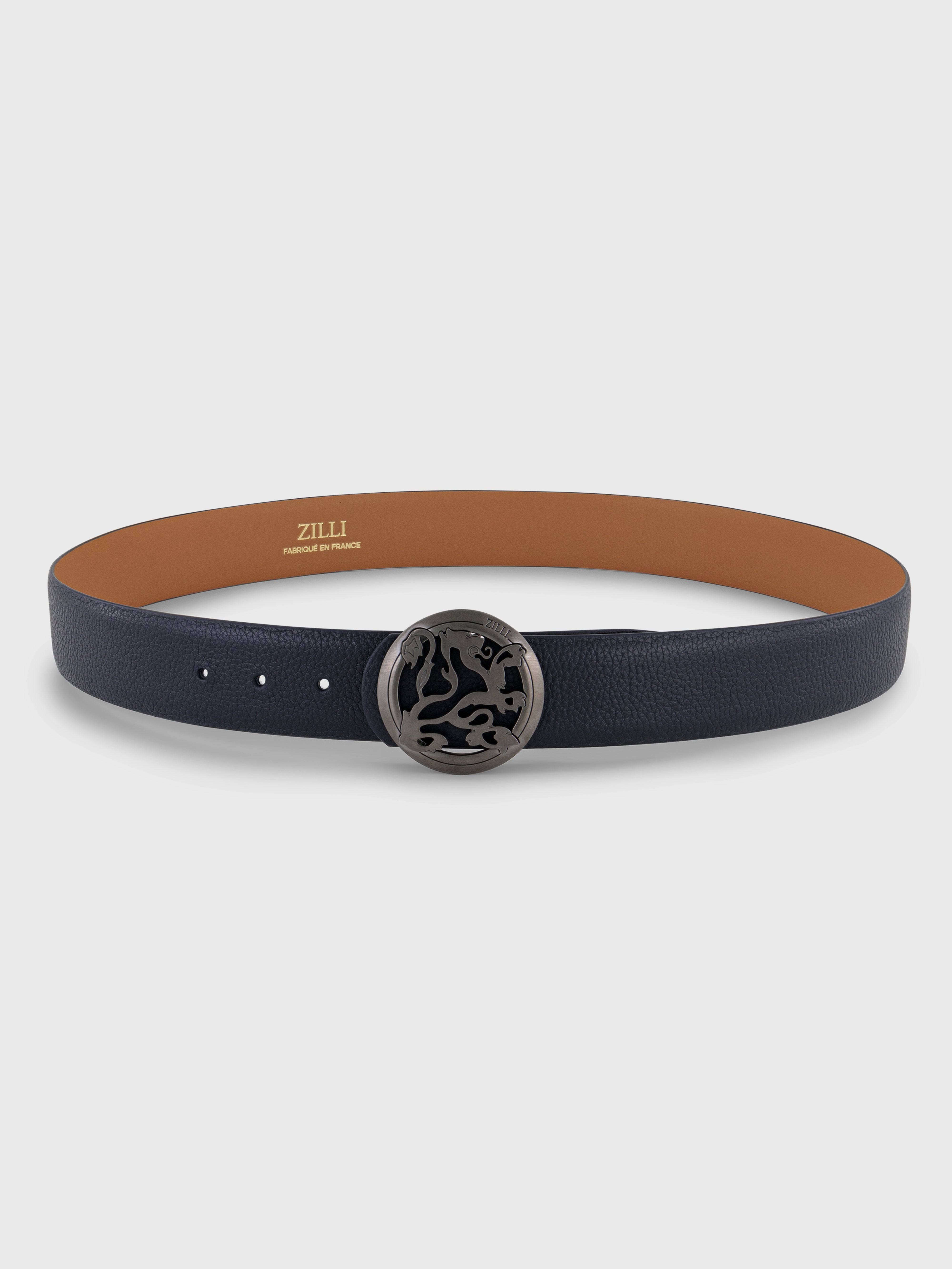 حزام من جلد العجل المحبب بإبزيم من جلد العجل المحبب بالروثينيوم - أزرق كحلي