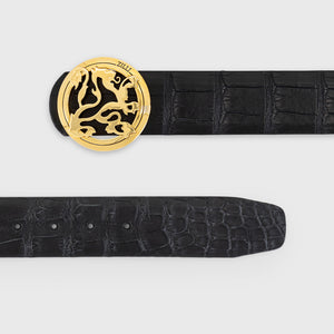 حزام تمساح بإبزيم أسد مطلي بالذهب - أسود