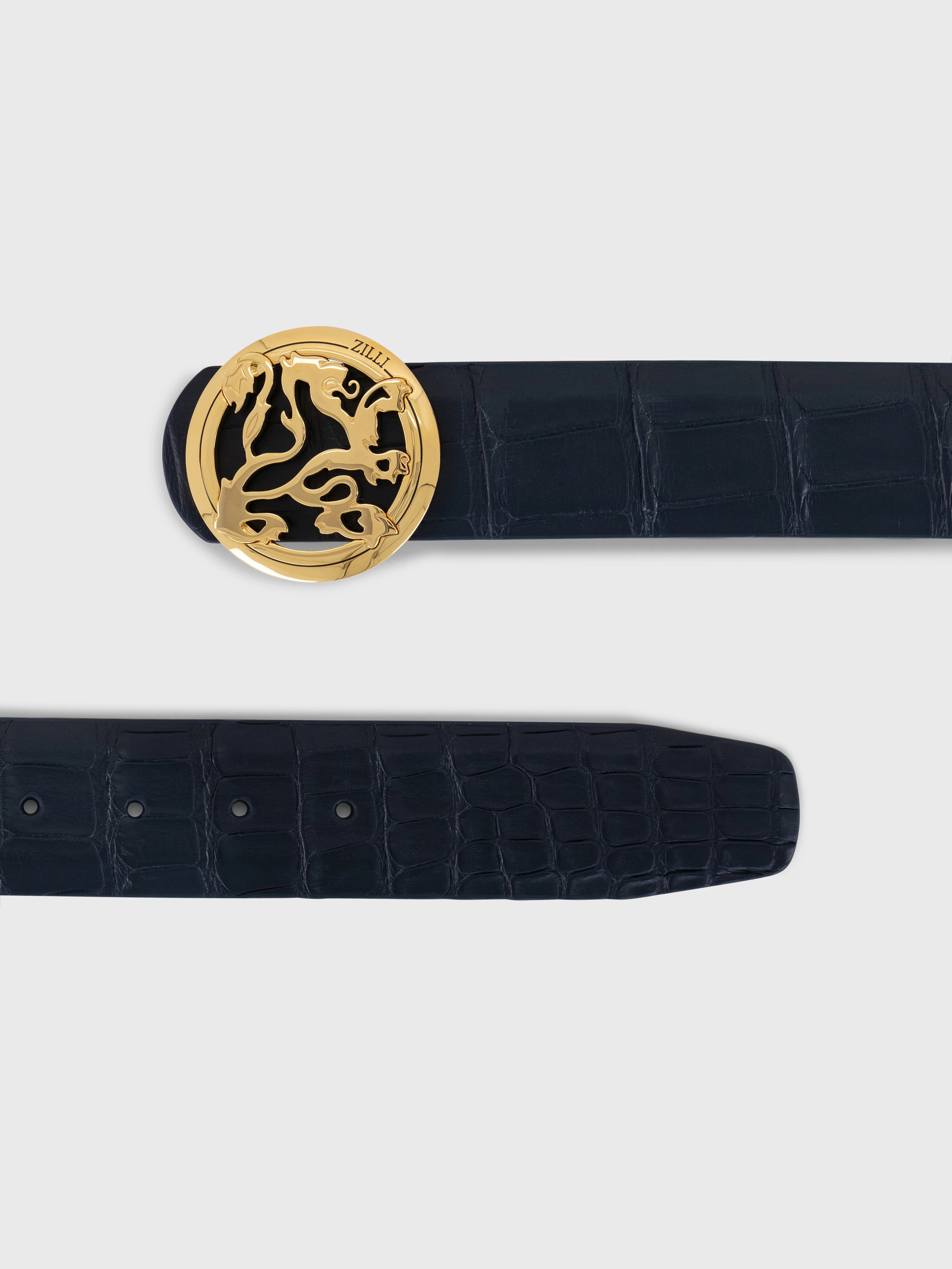 حزام تمساح غير لامع بإبزيم أسد - كحلي غامق