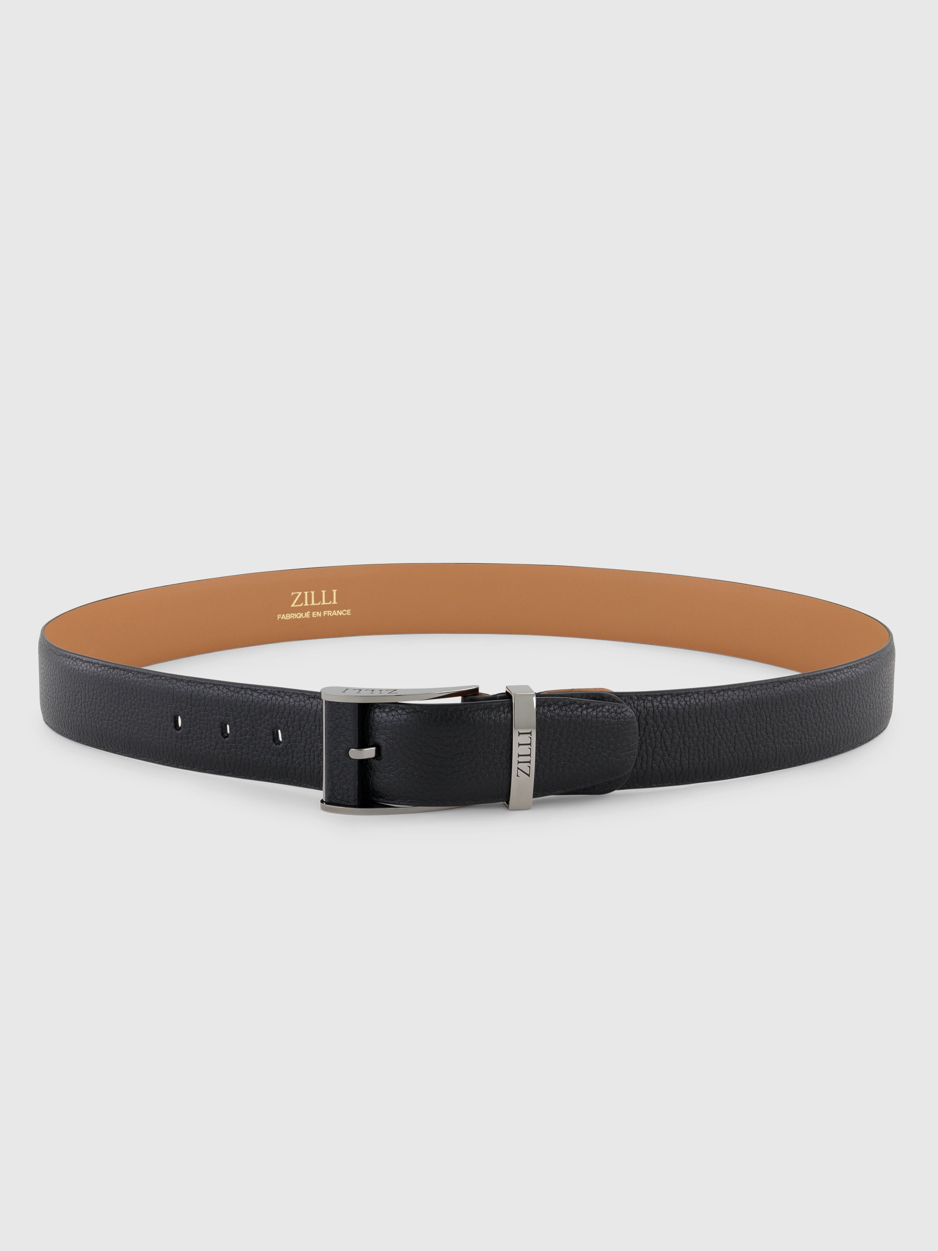 حزام من جلد العجل المحبب والمطلي بالروثينيوم 2007 بإبزيم من جلد العجل المحبب - أسود