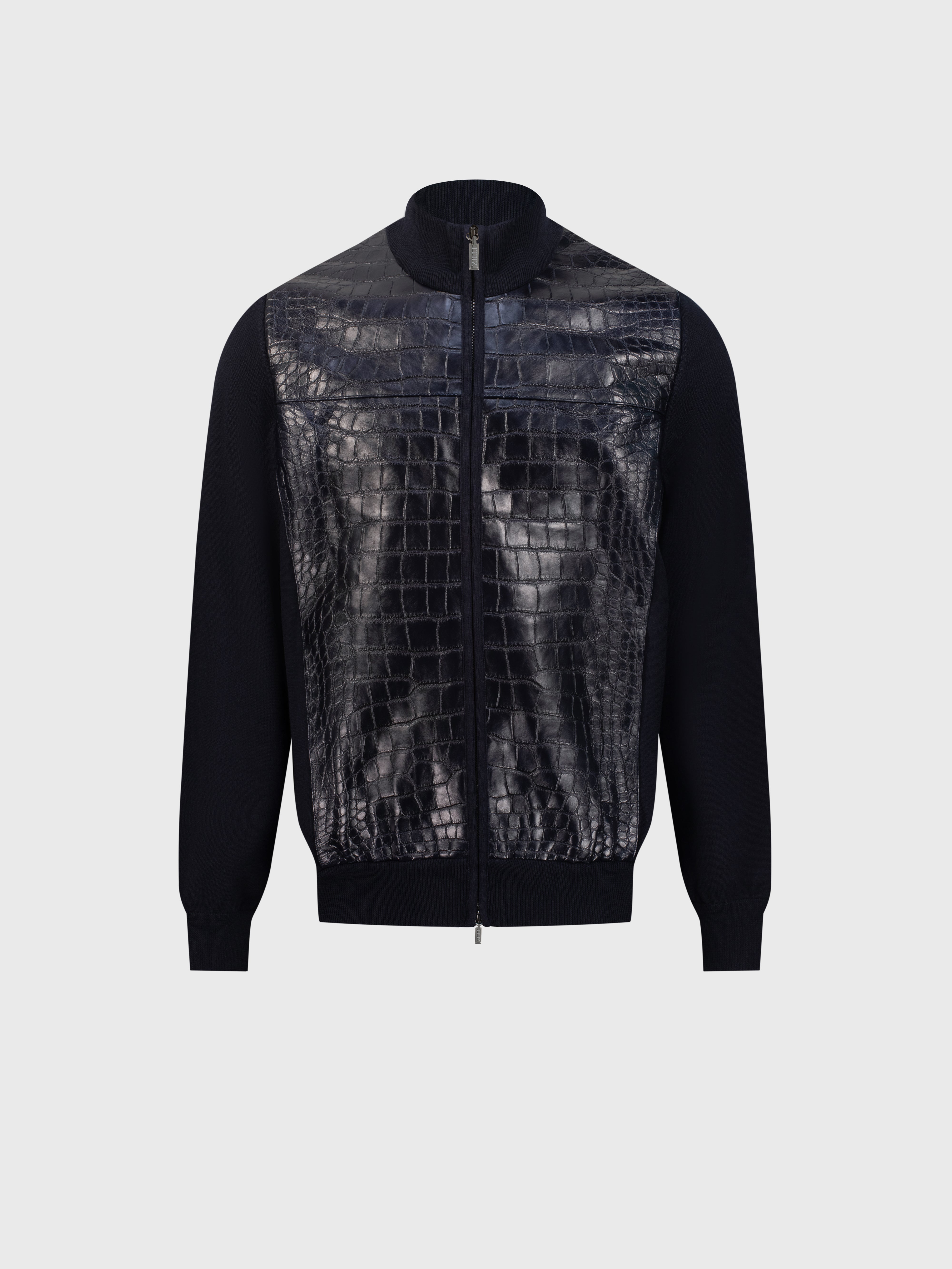 كنزة بسحّاب كامل من الكشمير والحرير بلون كحلي داكن اللون الكحلي الداكن