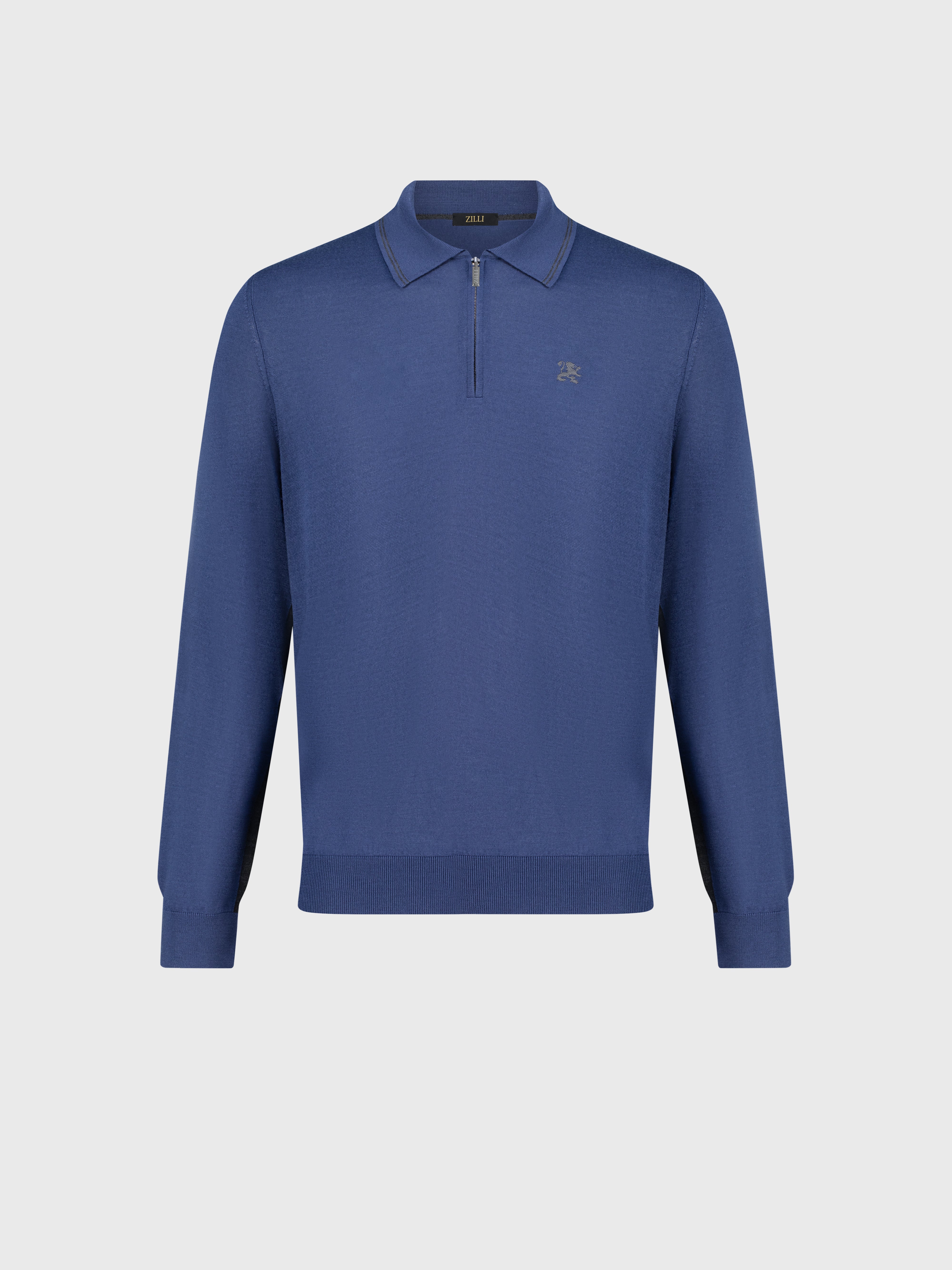 قميص بولو بأكمام طويلة مع تطريز شعار غريفون أزرق دخاني
