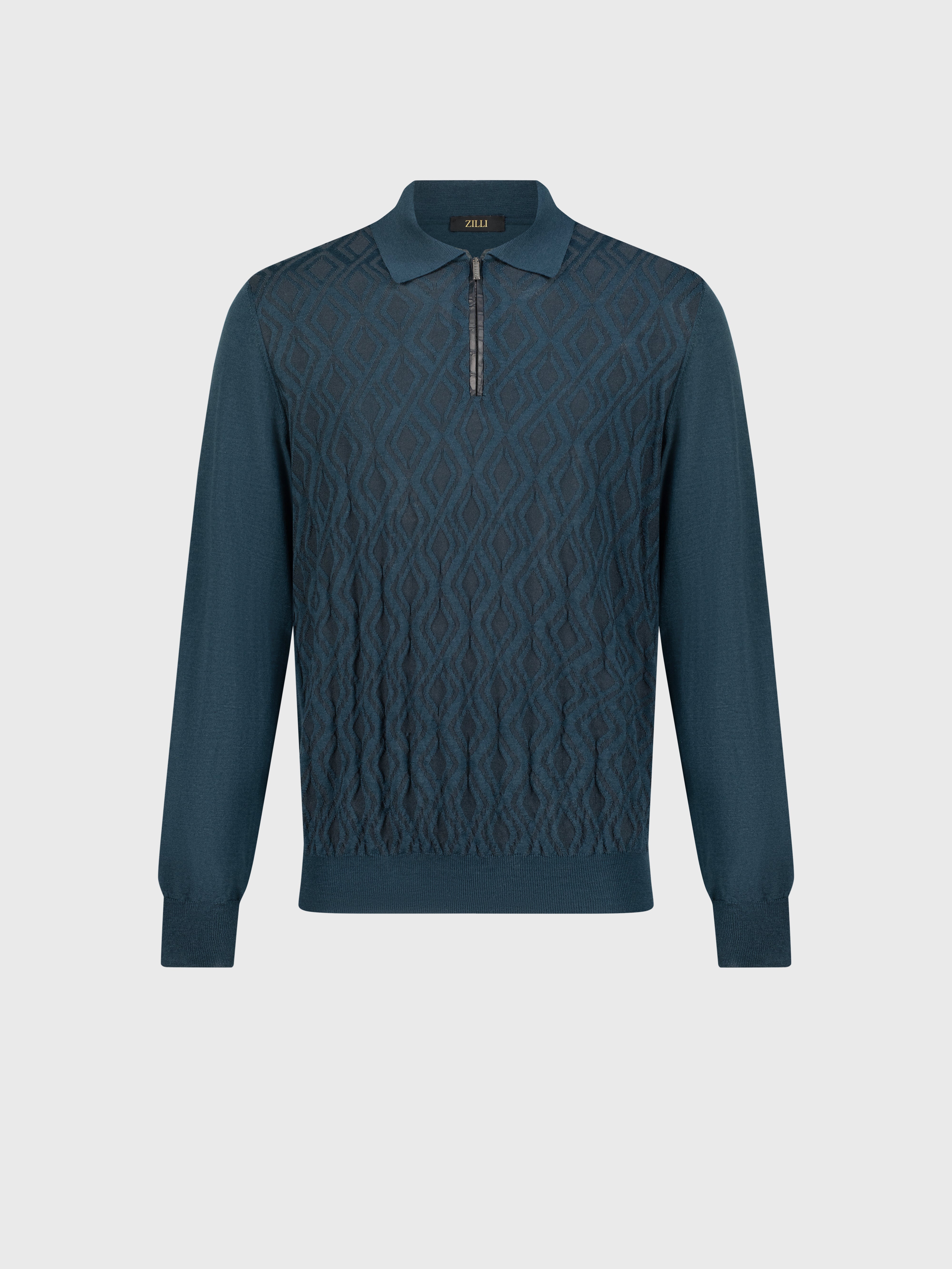 قميص بولو بأكمام طويلة بنقشة المعين باللون الأخضر الداكن