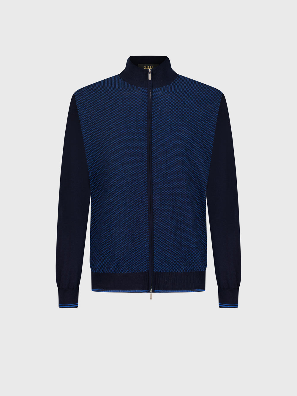 بولو "باسكت" حريري وقطني محبوك بسحاب برقبة قطنية - أزرق كحلي