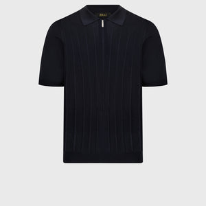 تي شيرت بولو مخطط من الحرير المحبوك - أزرق كحلي