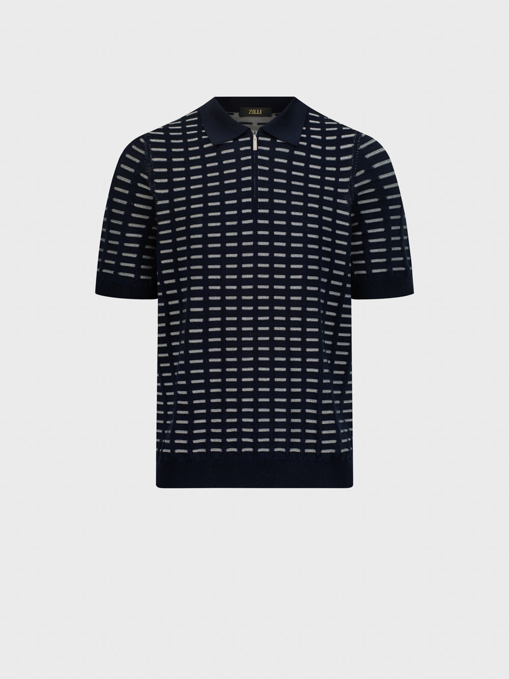 قميص بولو محبوك بنقوش هندسية حريرية - أزرق كحلي