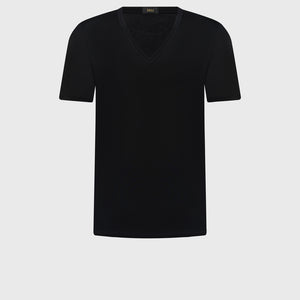 تي شيرت برقبة على شكل حرف V أحادي اللون - أسود