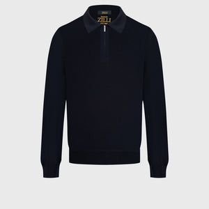 بلوزة بولو من الصوف 100٪ بنصف سحاب – كحلي داكن