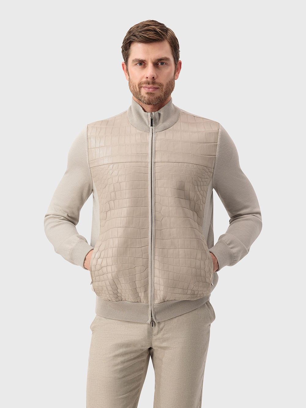 جاكيت بومبر محبوك من الجلد - باهت اللون الباهت