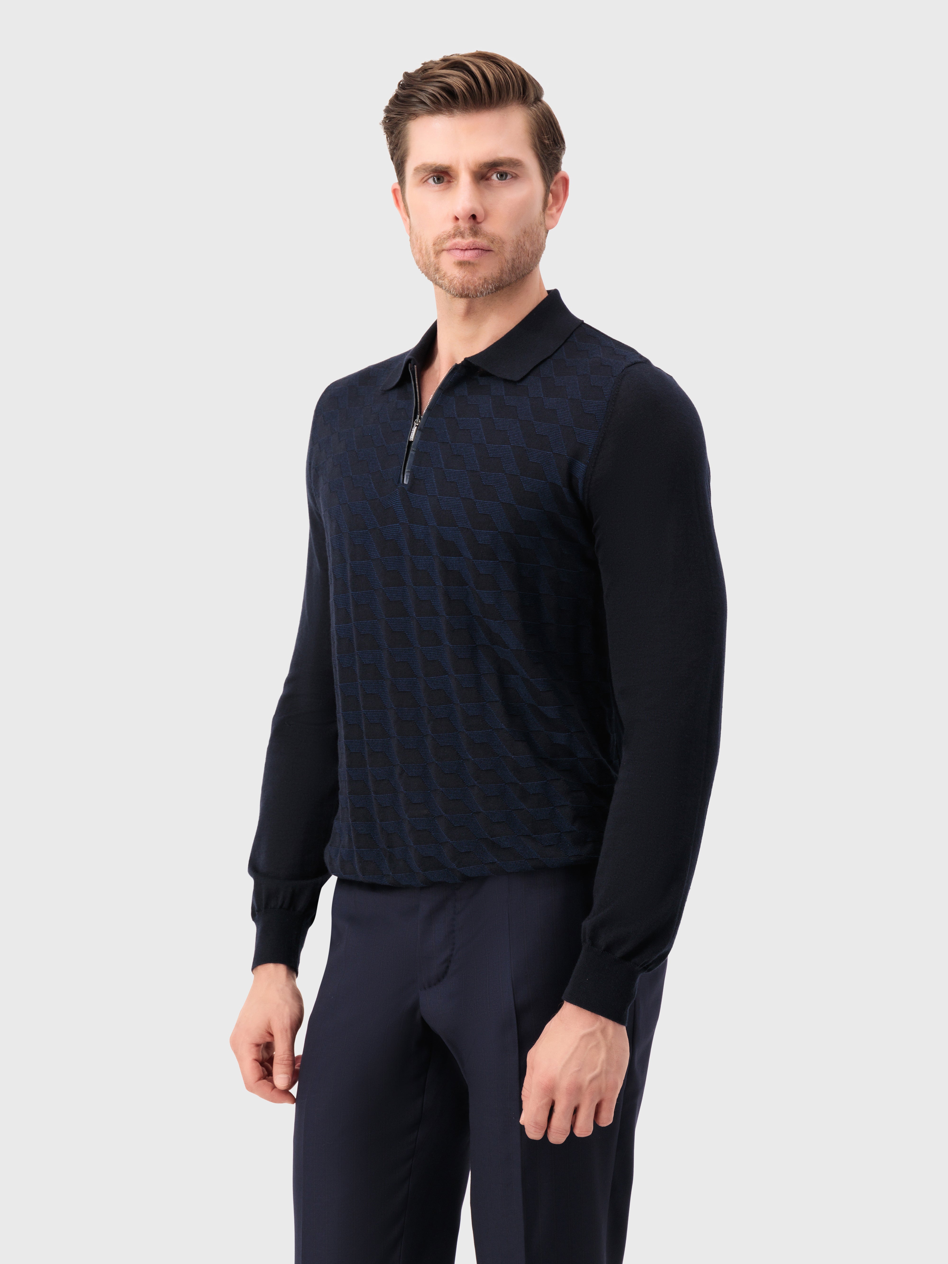 تي شيرت بولو بسحاب من الكشمير والحرير الكحلي الداكن