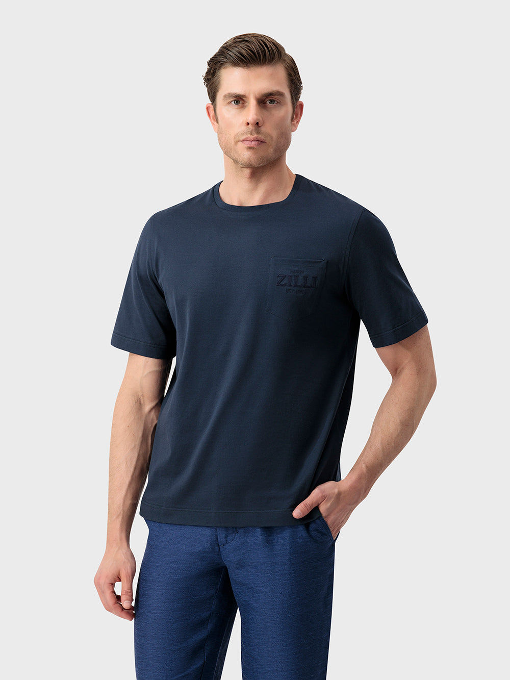 قميص زيللي قطن بجيب على الصدر - أزرق كحلي