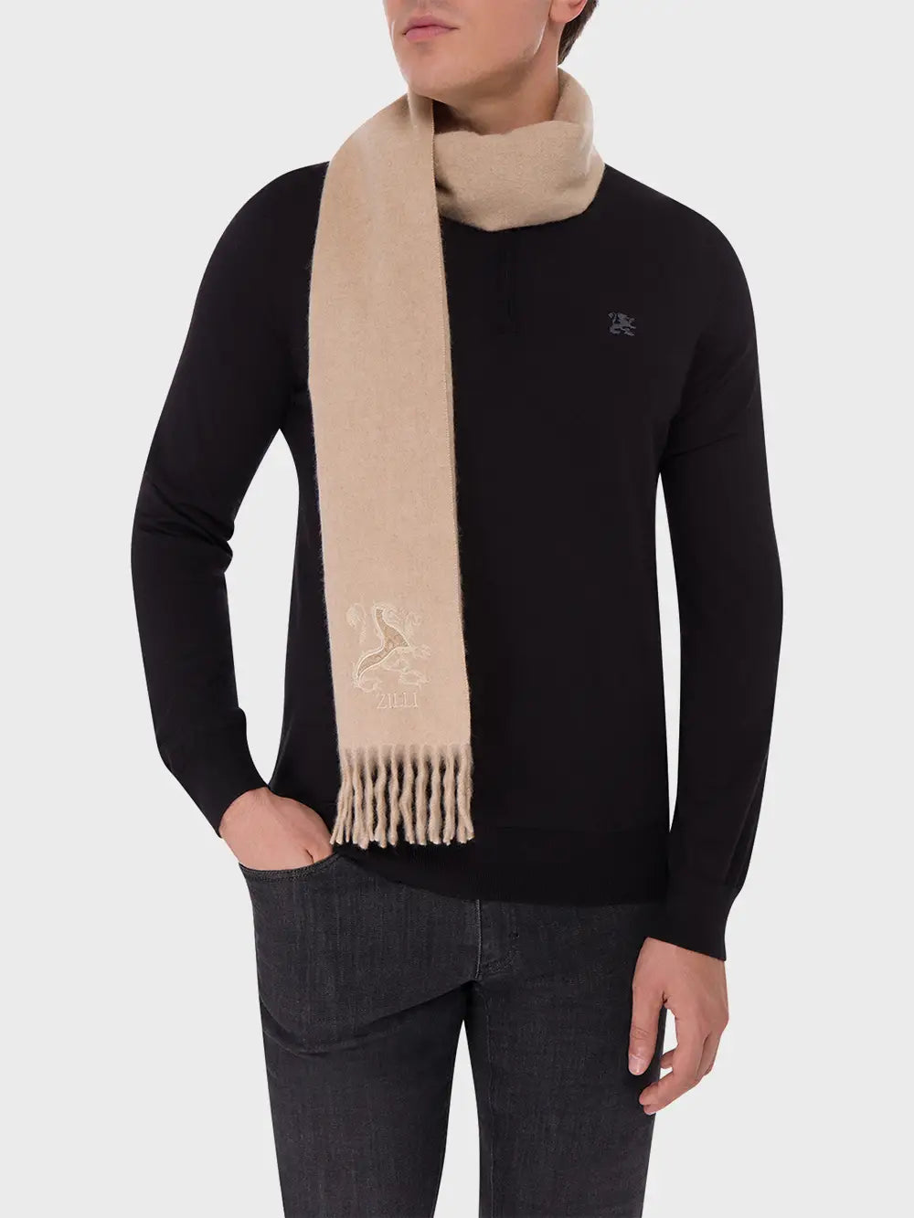 Fringed Scarf with Lion Embroidery