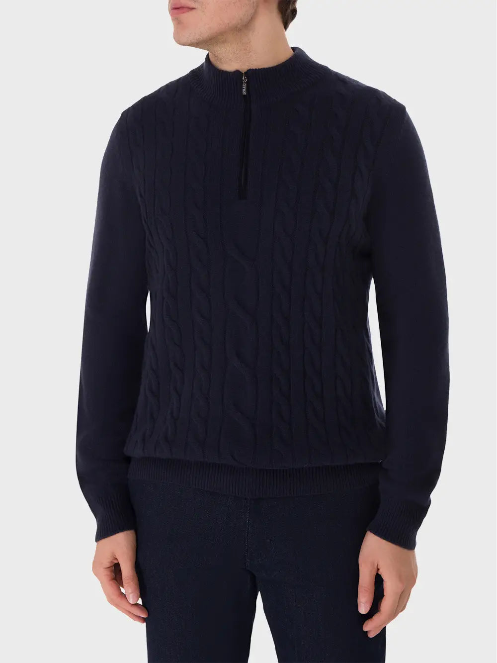 Zipped Mock Neck Sweater with Jacquard Pattern