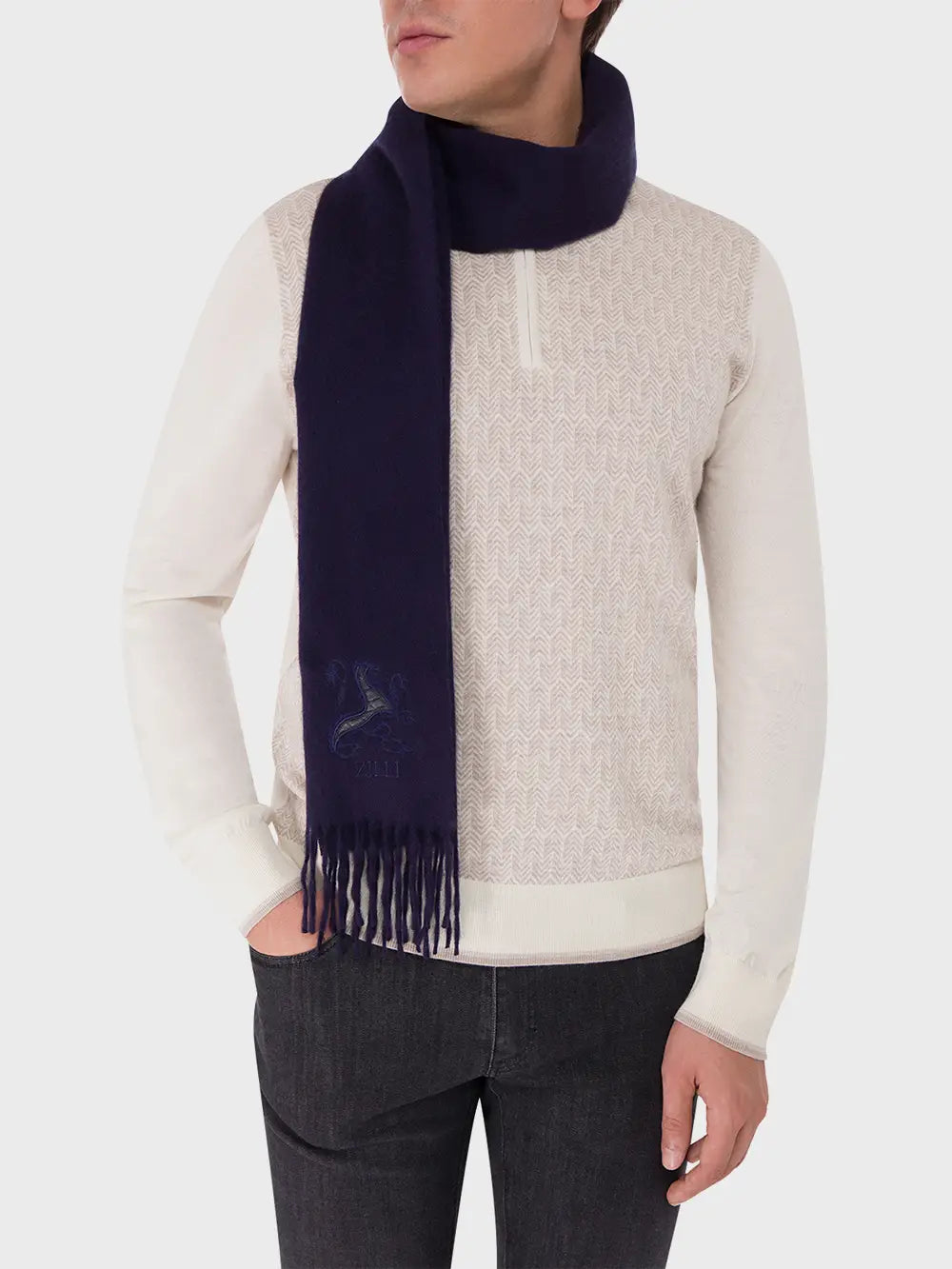 Fringed Scarf with Lion Embroidery
