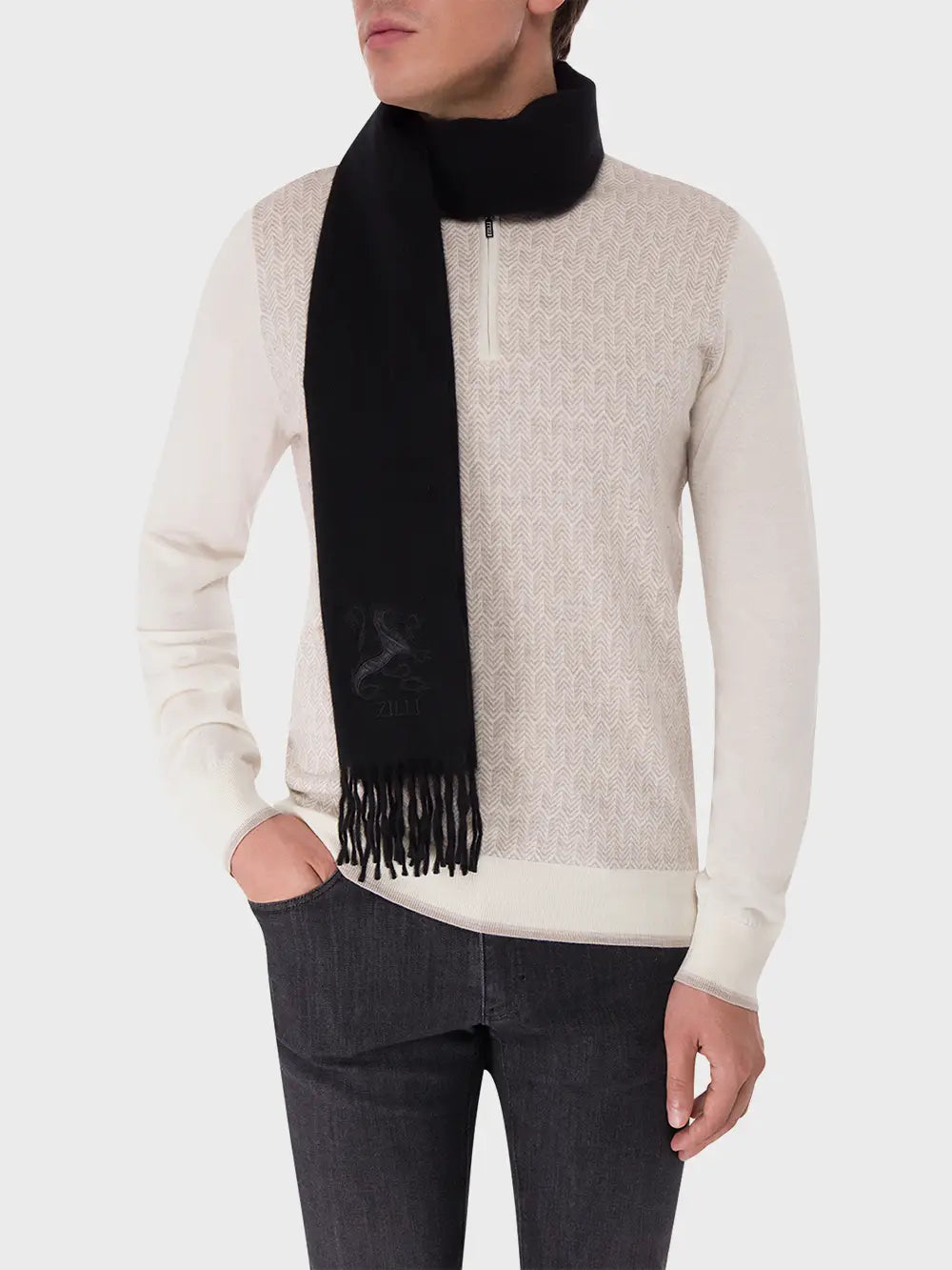 Fringed Scarf with Lion Embroidery