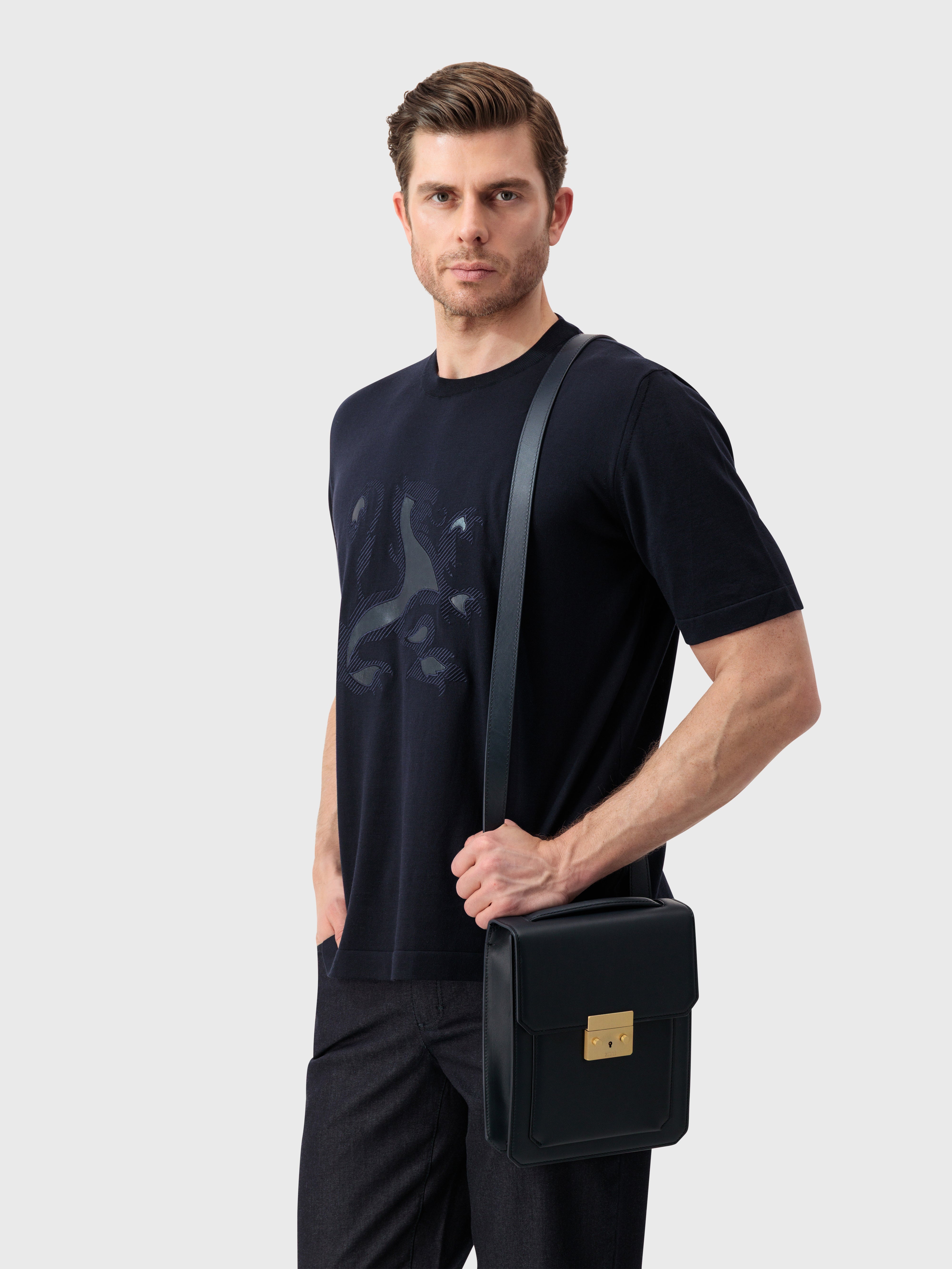 Gold-Finish Buckle Calfskin Shoulder Bag - Blue Navy