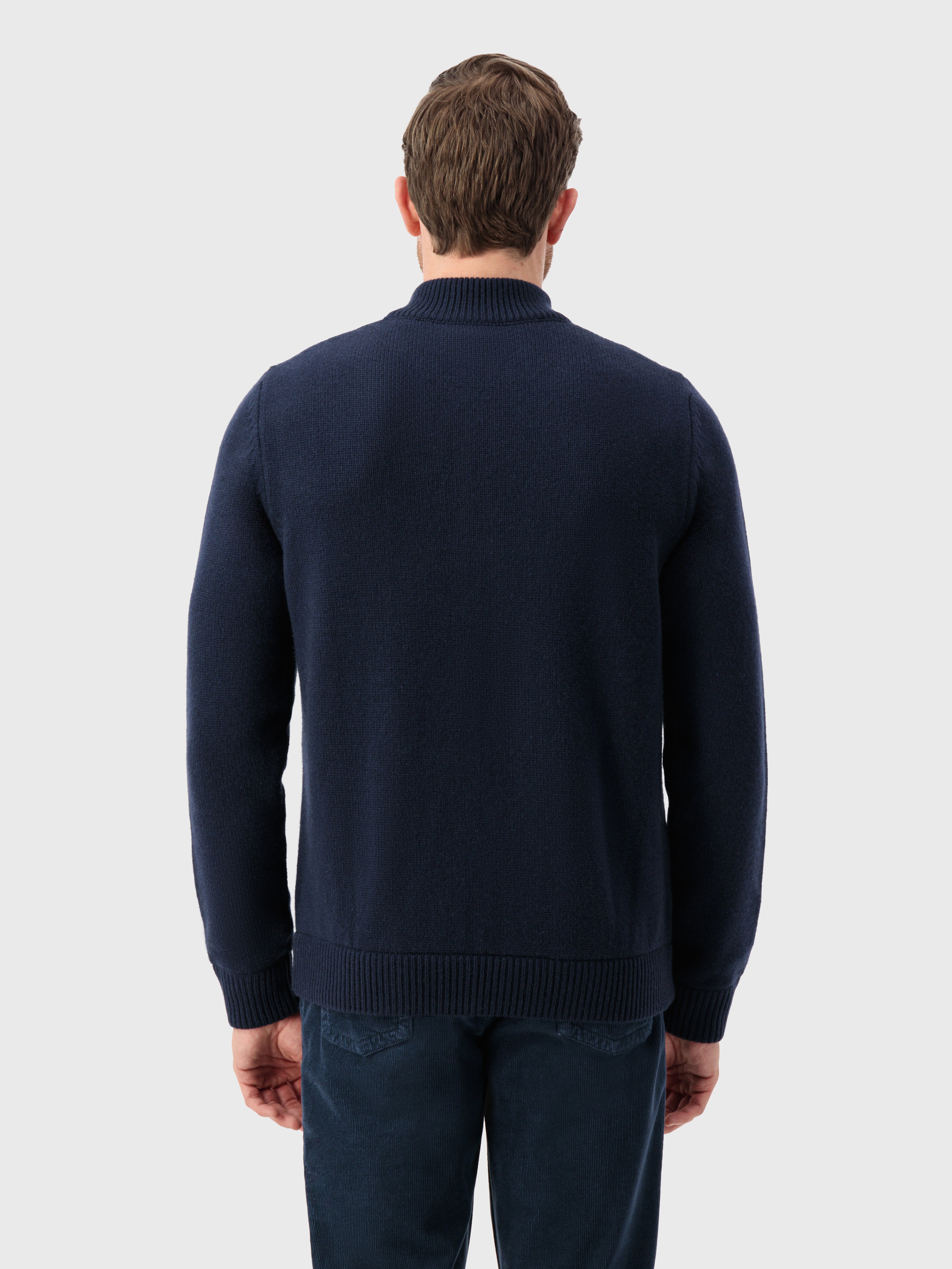 Mock Neck Zipped Cardigan with Rhombus Jacquard Weaving Dark Navy