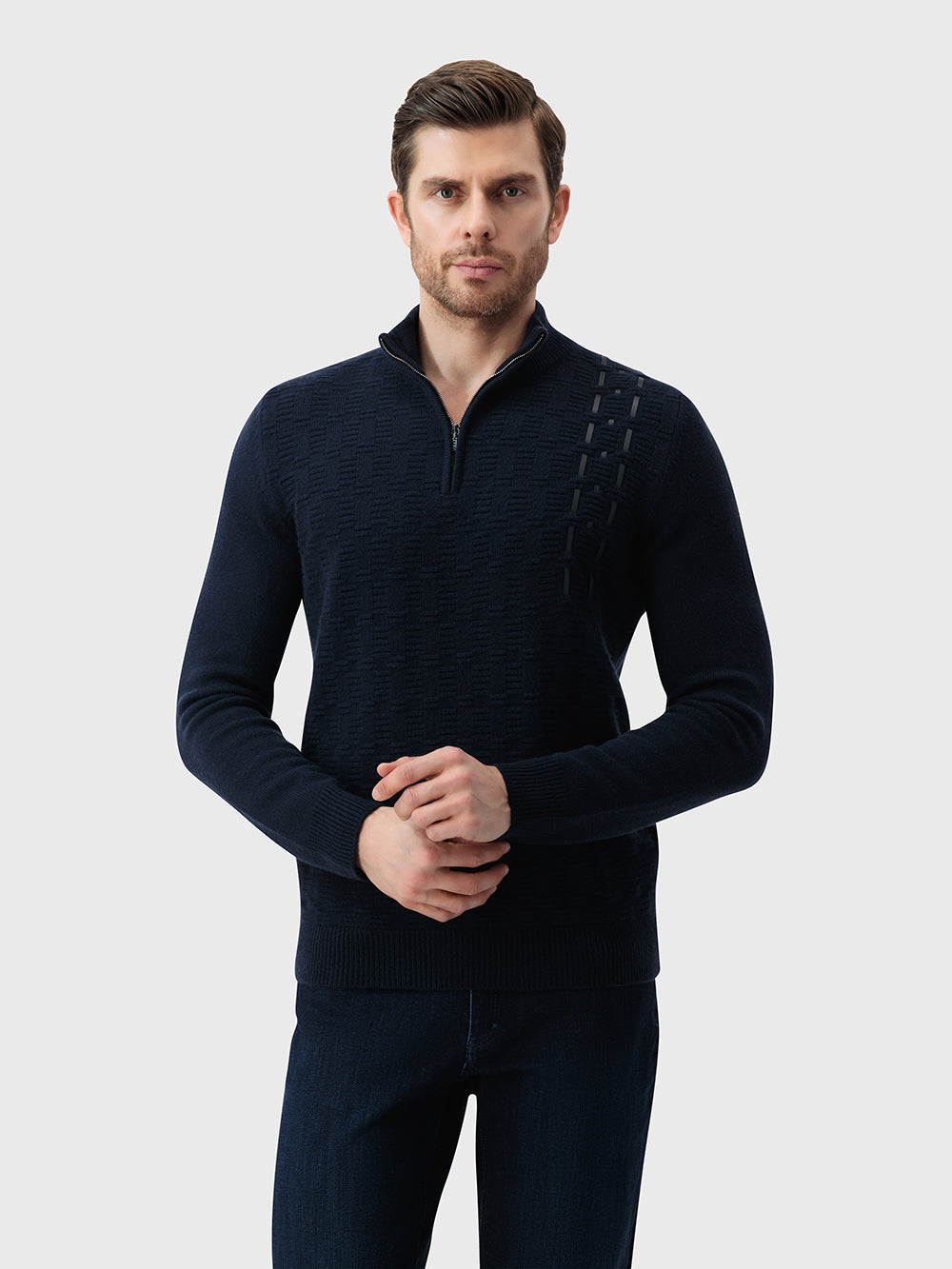 100% Lambswool Fitted Half-Zip Sweater - Dark Navy