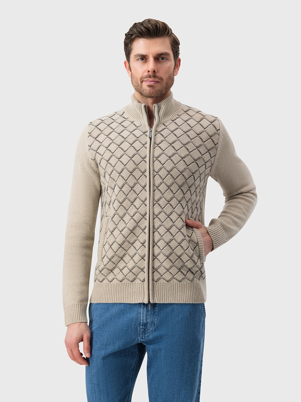 Zip-Up Sweater with Diamond Lattice Knit Pattern – Pale Fawn