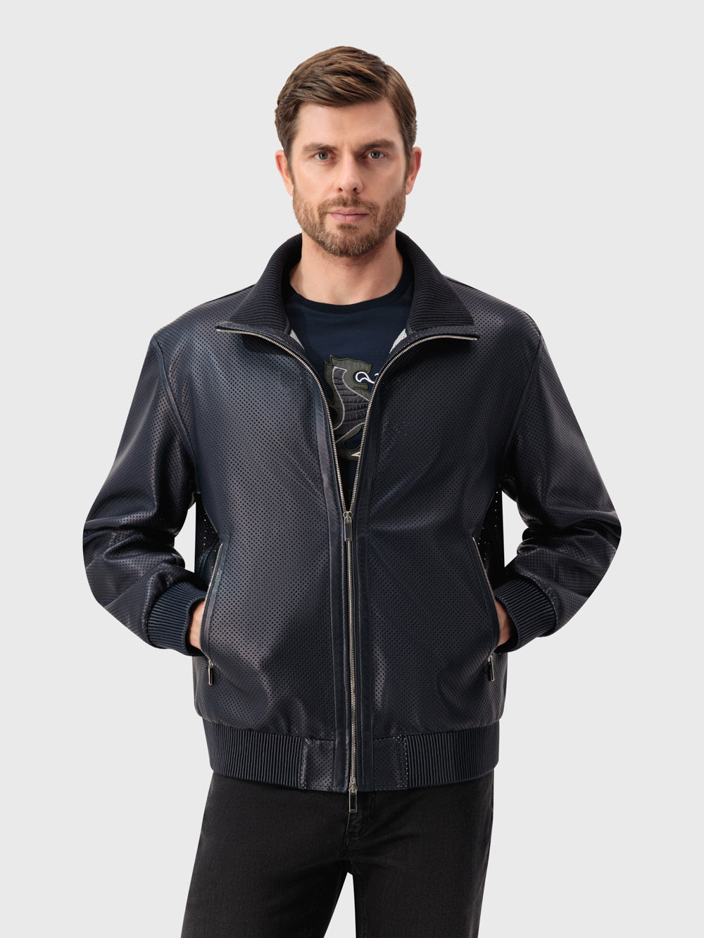 Perforated Leather Bomber Jacket - Blue Navy & Light Grey