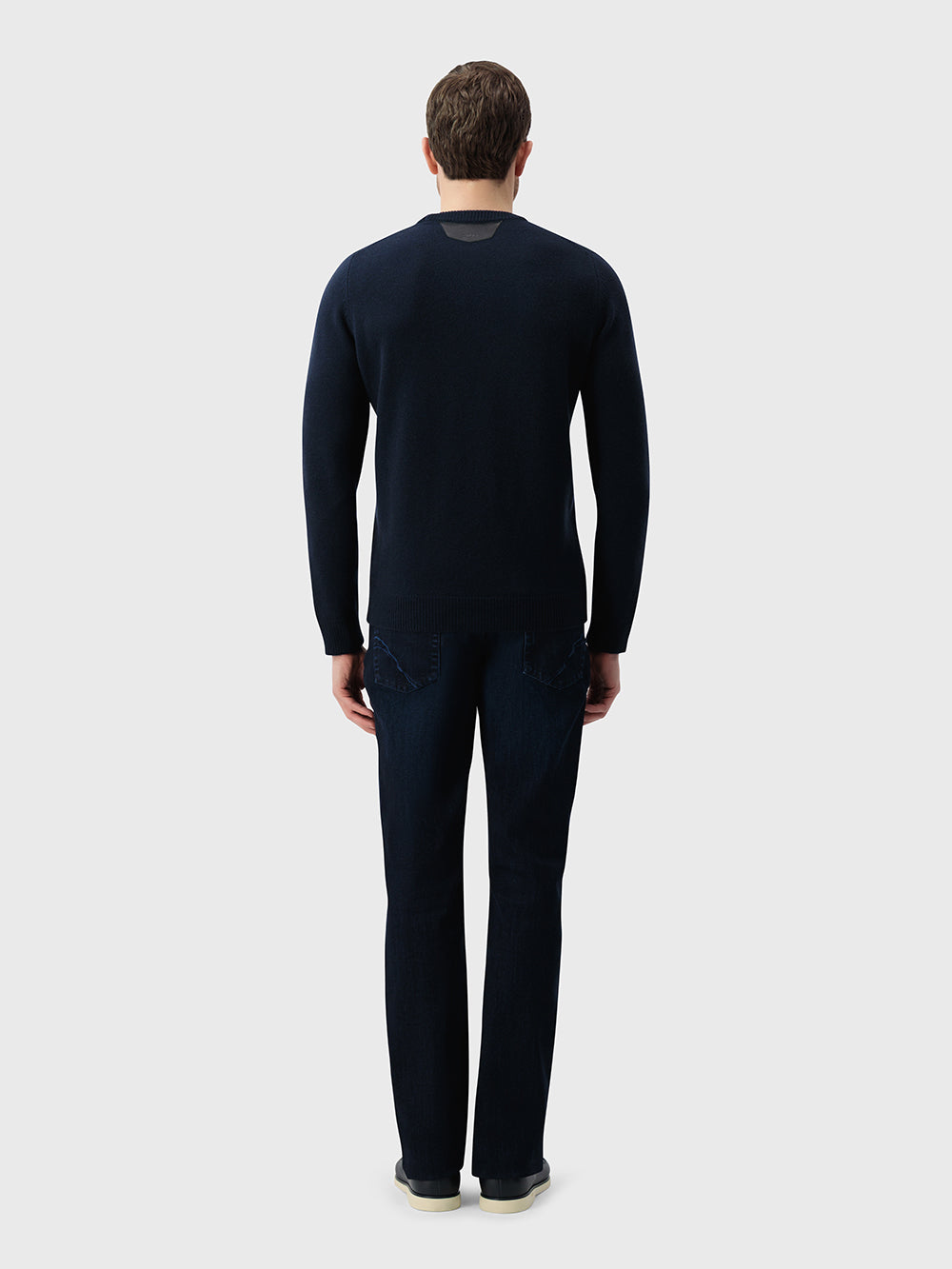 100% Lambswool Pullover with Leather Detail - Dark Navy