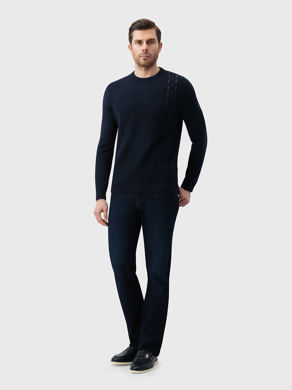 100% Lambswool Pullover with Leather Detail - Dark Navy