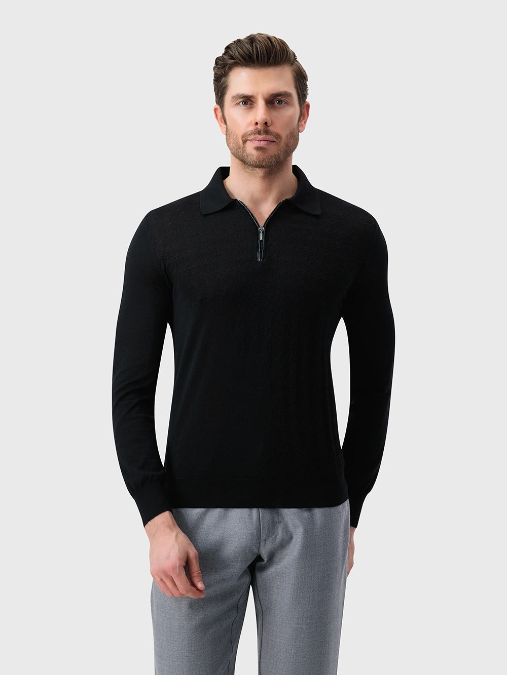Angled Panel Polo Half-Zip Knit with Crocodile Leather Trim – Black