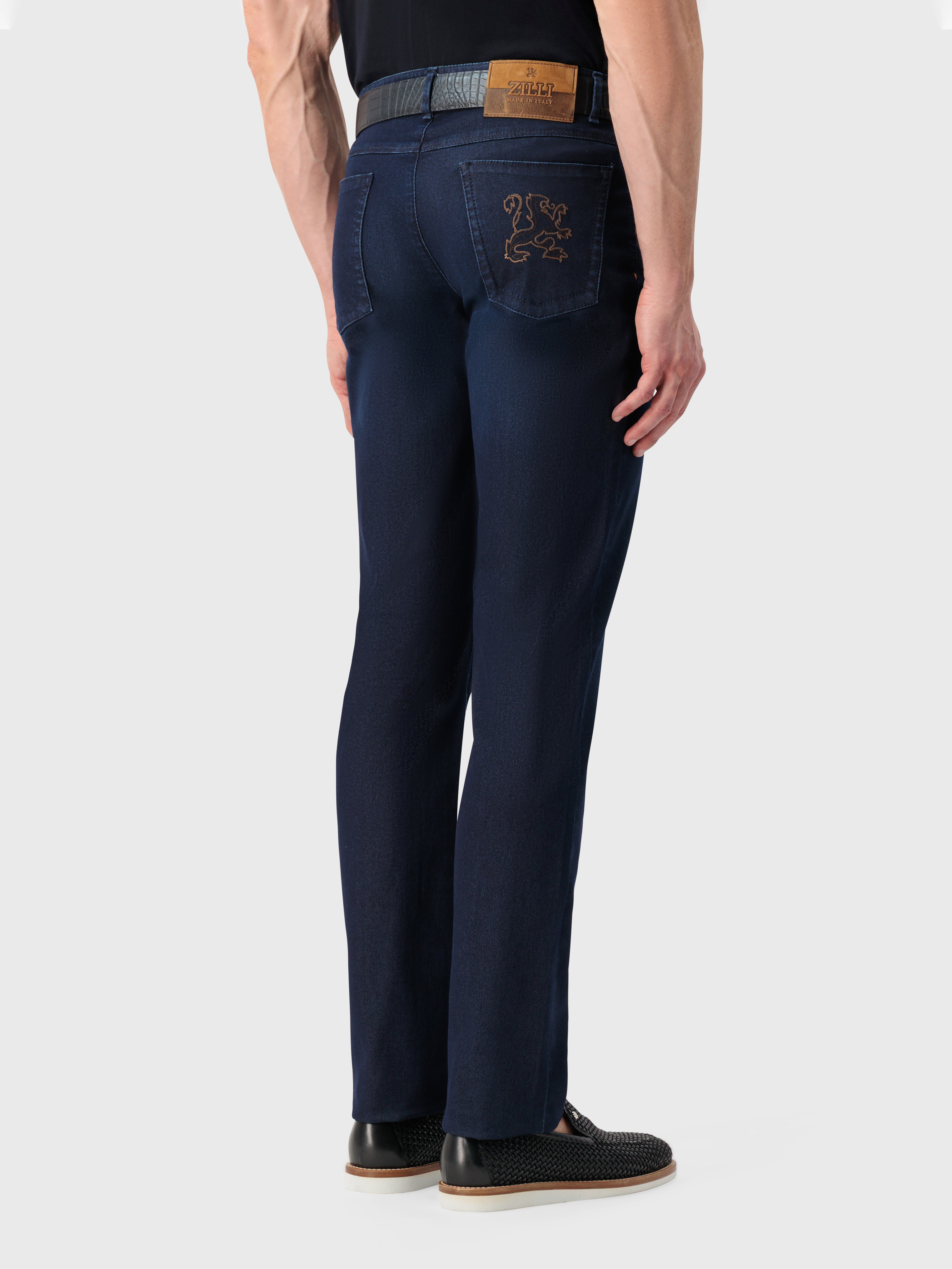 Slim Fit "Big Lion" Embroidery Denim Cotton Trousers - Blue Navy