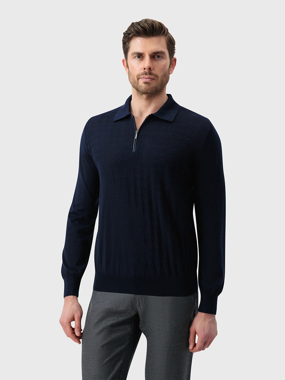 Angled Panel Polo Half-Zip Knit with Crocodile Leather Trim – Dark Navy