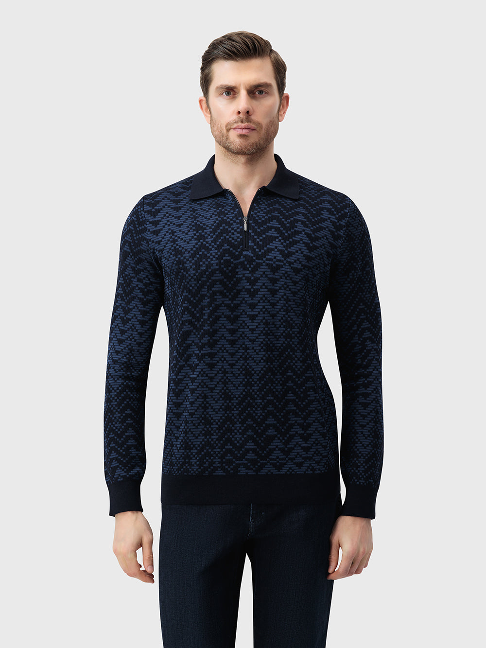 60% Wool 30% Silk 10% Cashmere Zip Polo - Dark Navy