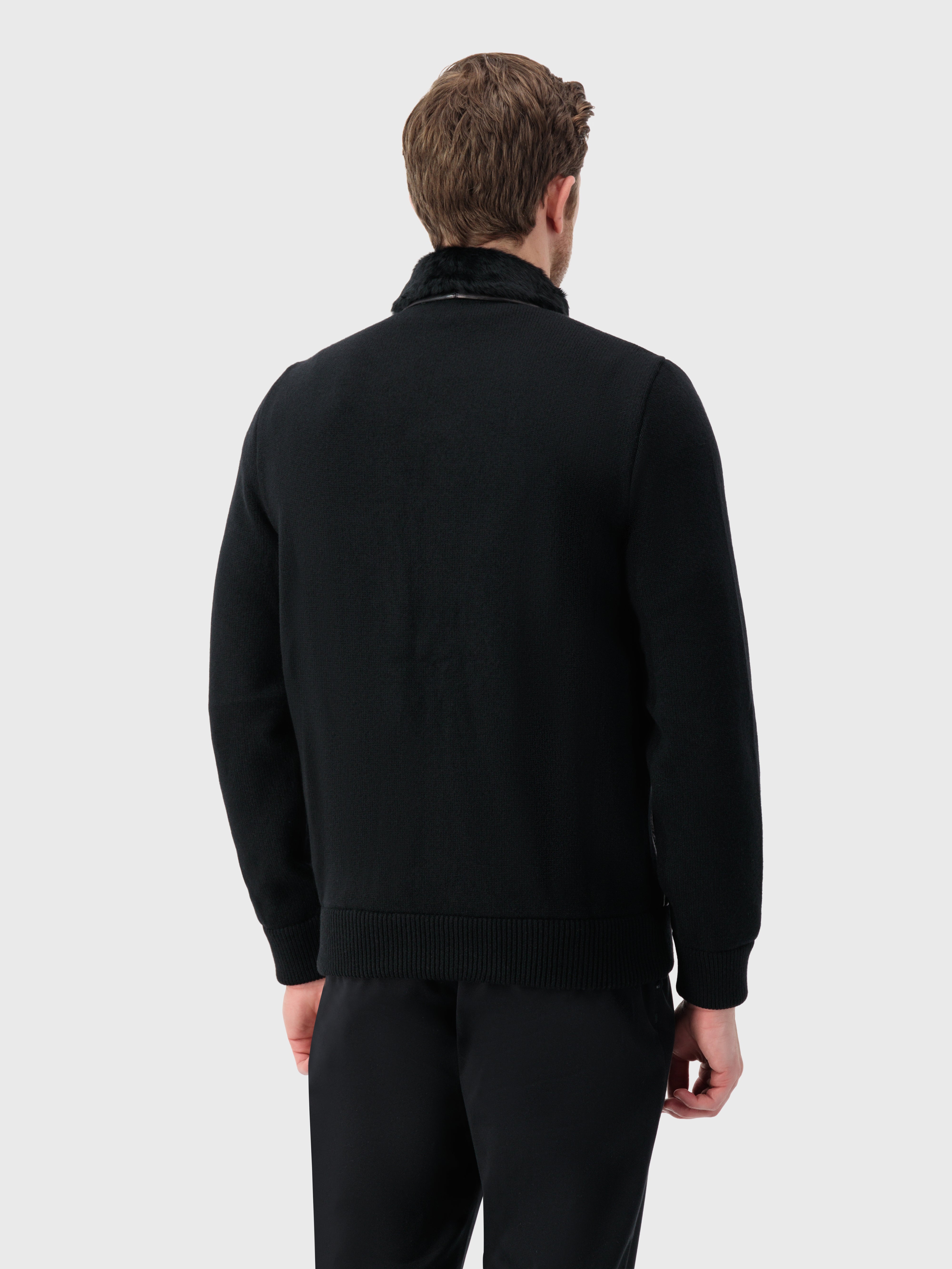 Lambskin Zip-Up with Crossed Stripes Pattern Black