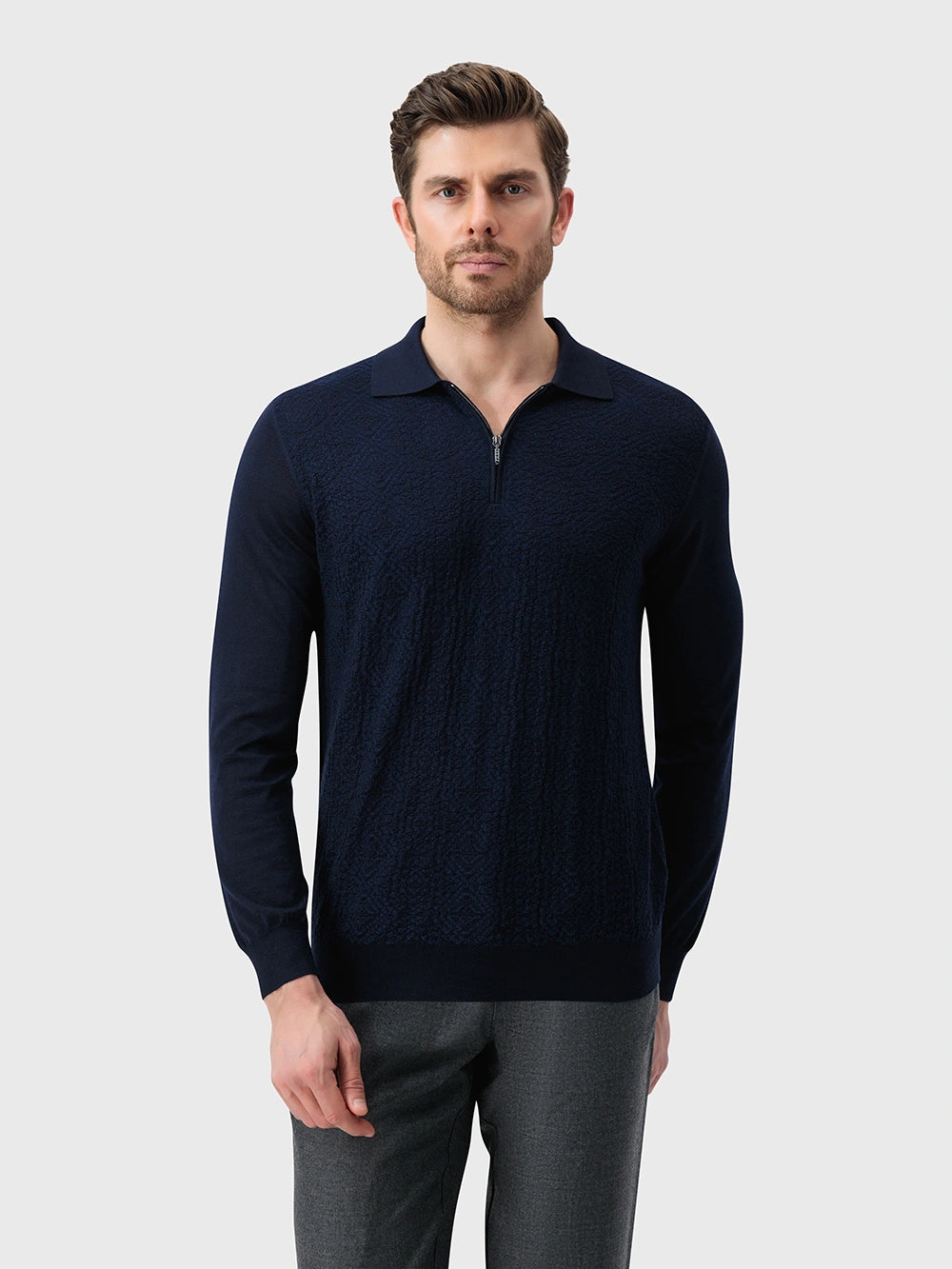 Wool-Silk Polo Half-Zip Pebbled Knit – Dark Navy