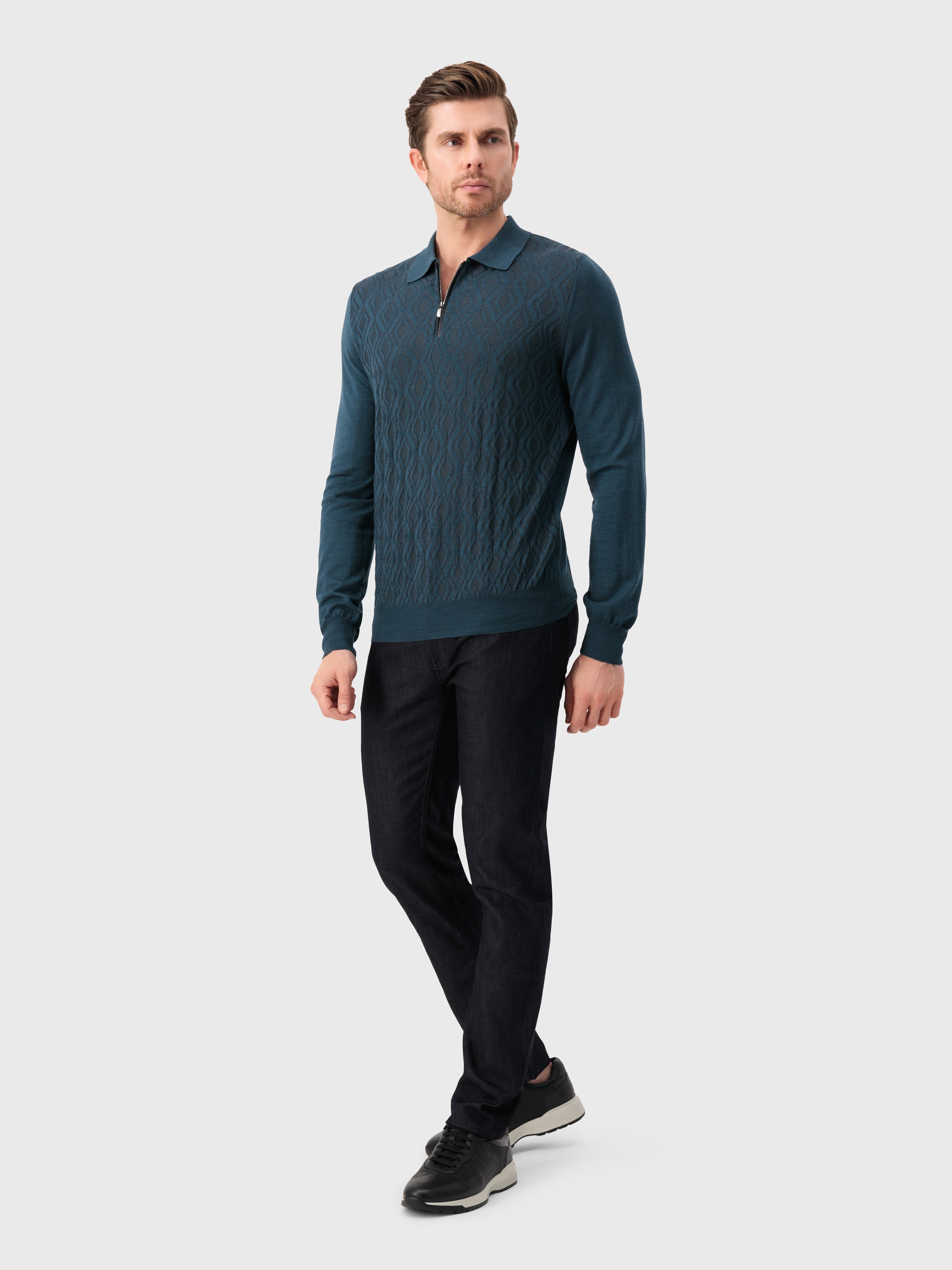Long Sleeve Polo Shirt with Rhombus Pattern Dark Green
