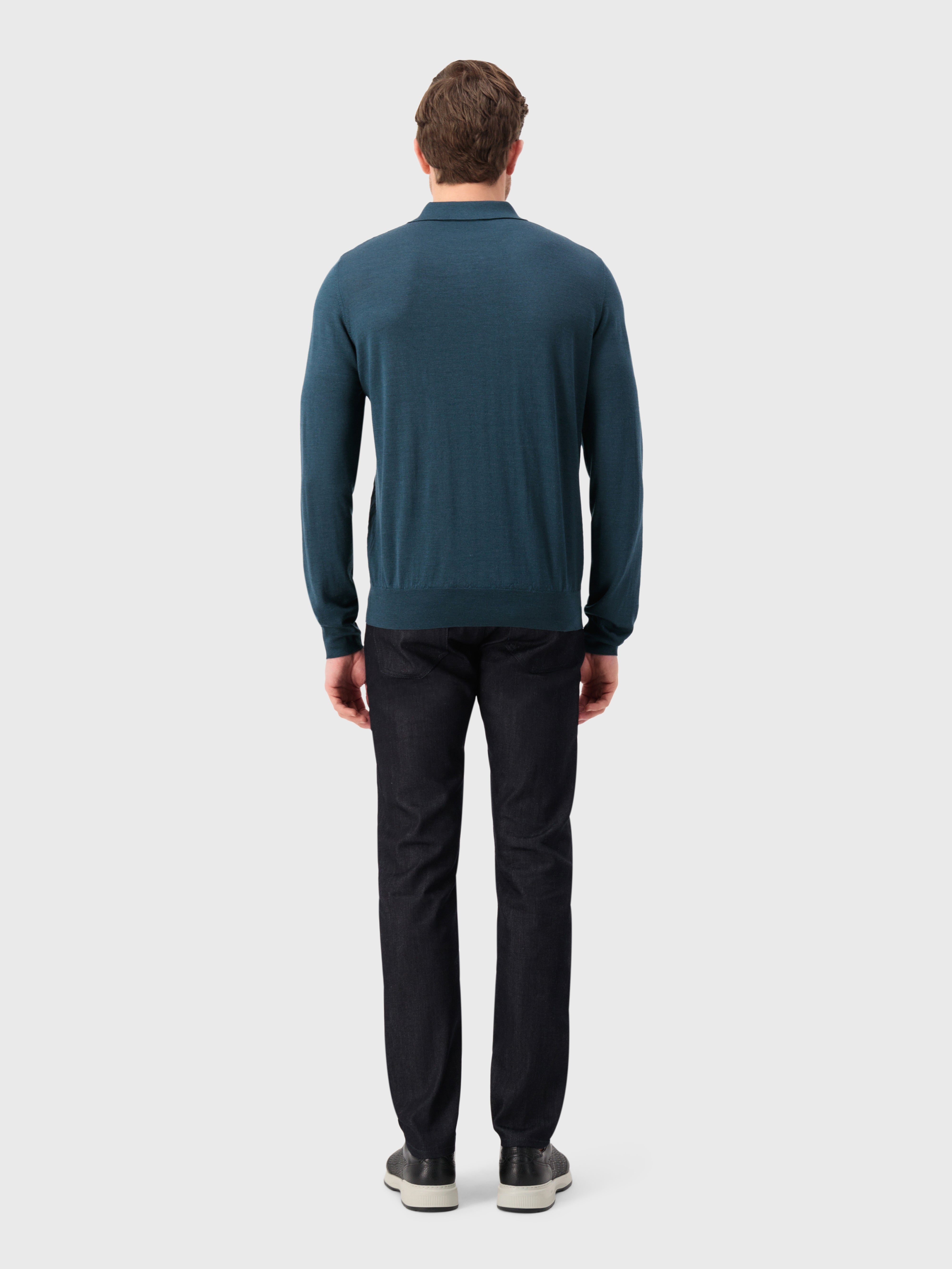 Long Sleeve Polo Shirt with Rhombus Pattern Dark Green