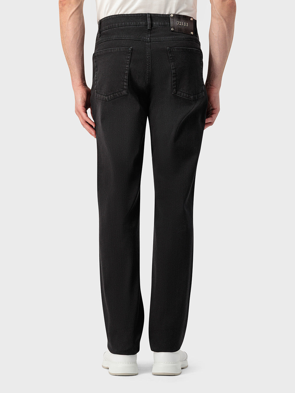 Regular Fit Crocodile-Detailed Denim Cotton Trousers - Black