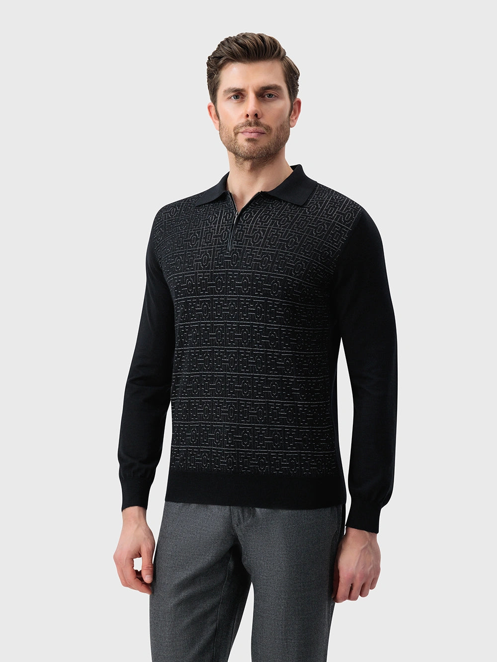 Jacquard Polo Half-Zip Knit with Crocodile Leather Trim – Black