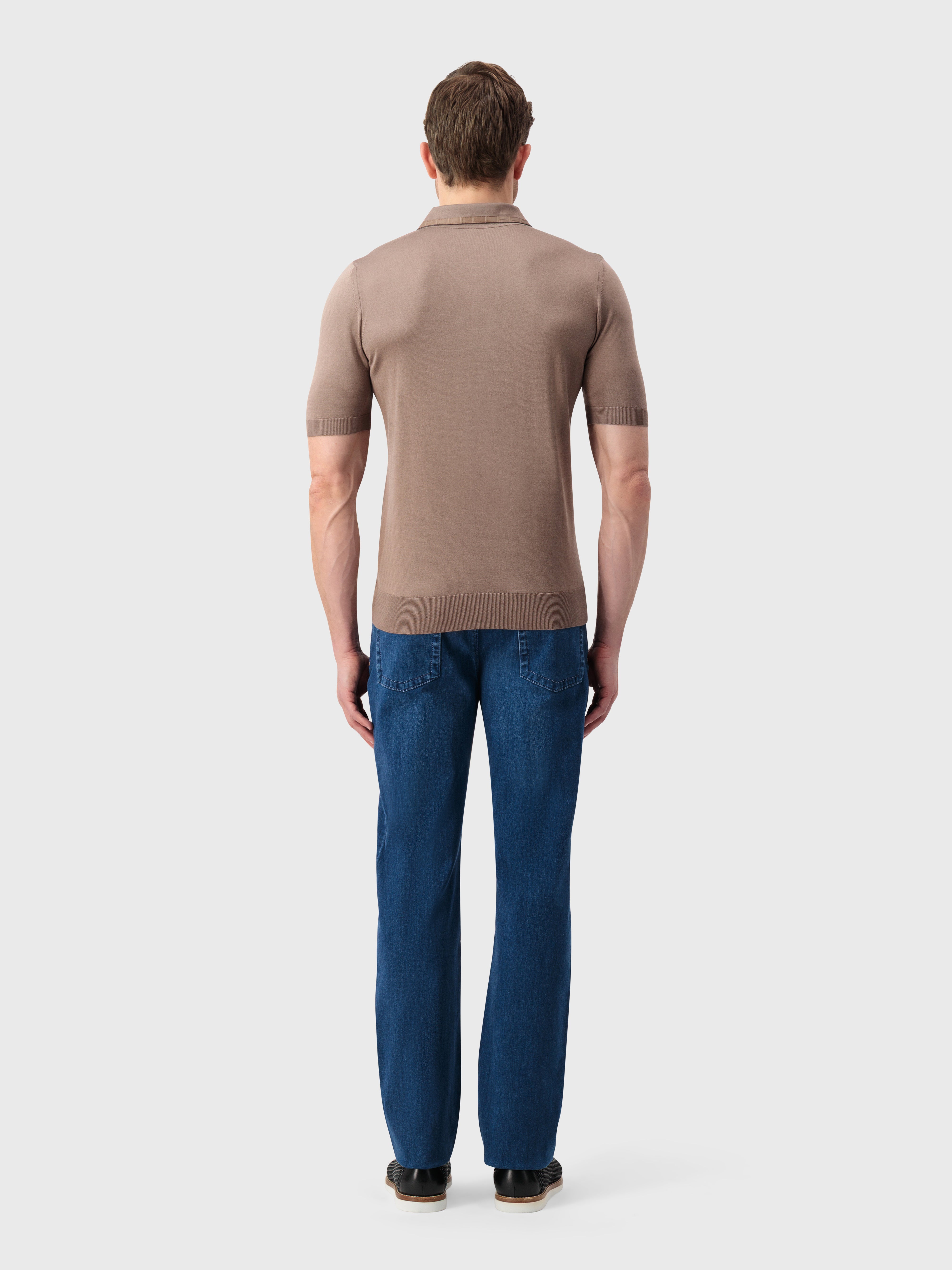 "Micro Lozenges" Crocodile-Detailed Silk Knit Polo - Pale Caramel