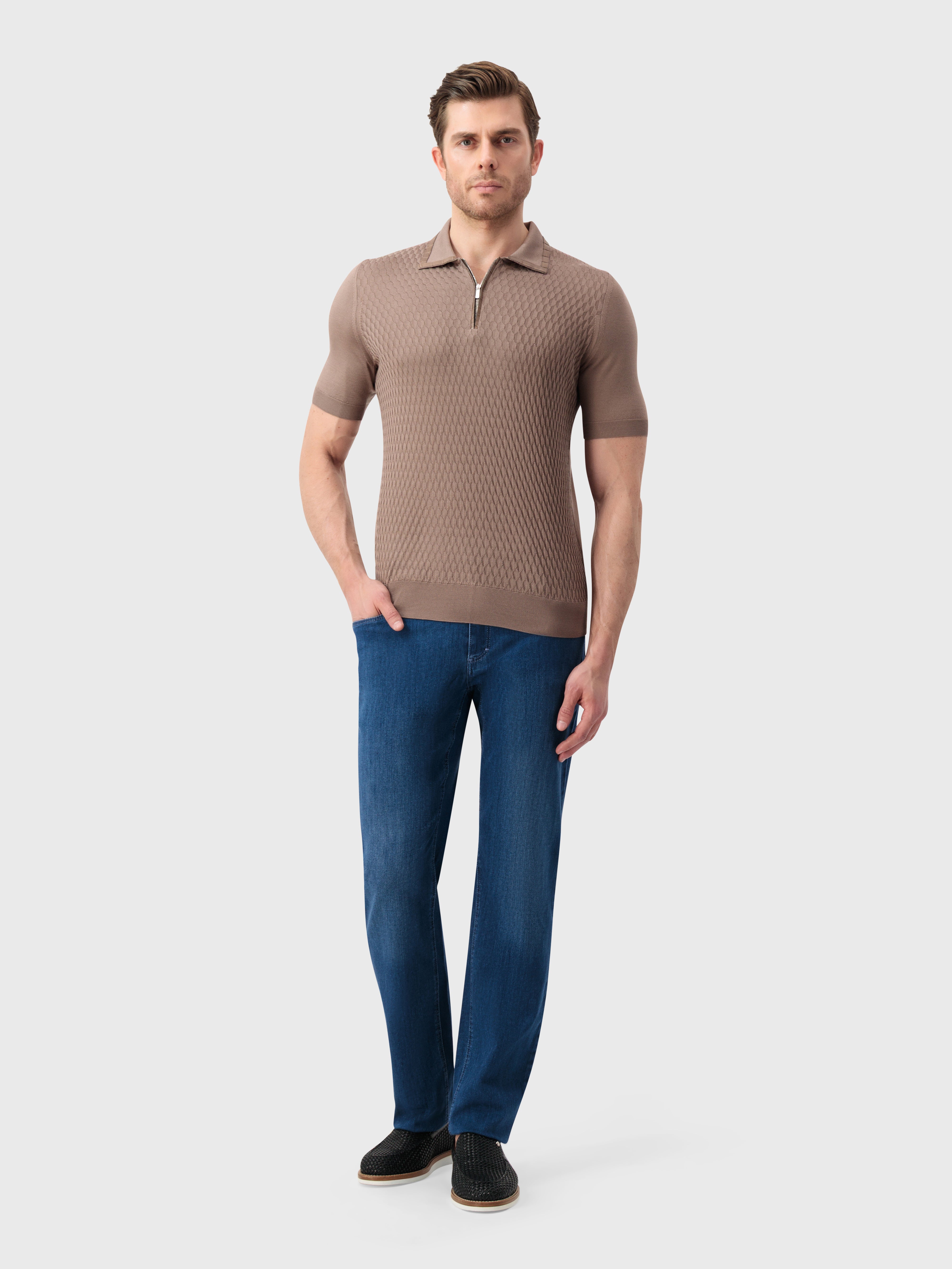 "Micro Lozenges" Crocodile-Detailed Silk Knit Polo - Pale Caramel