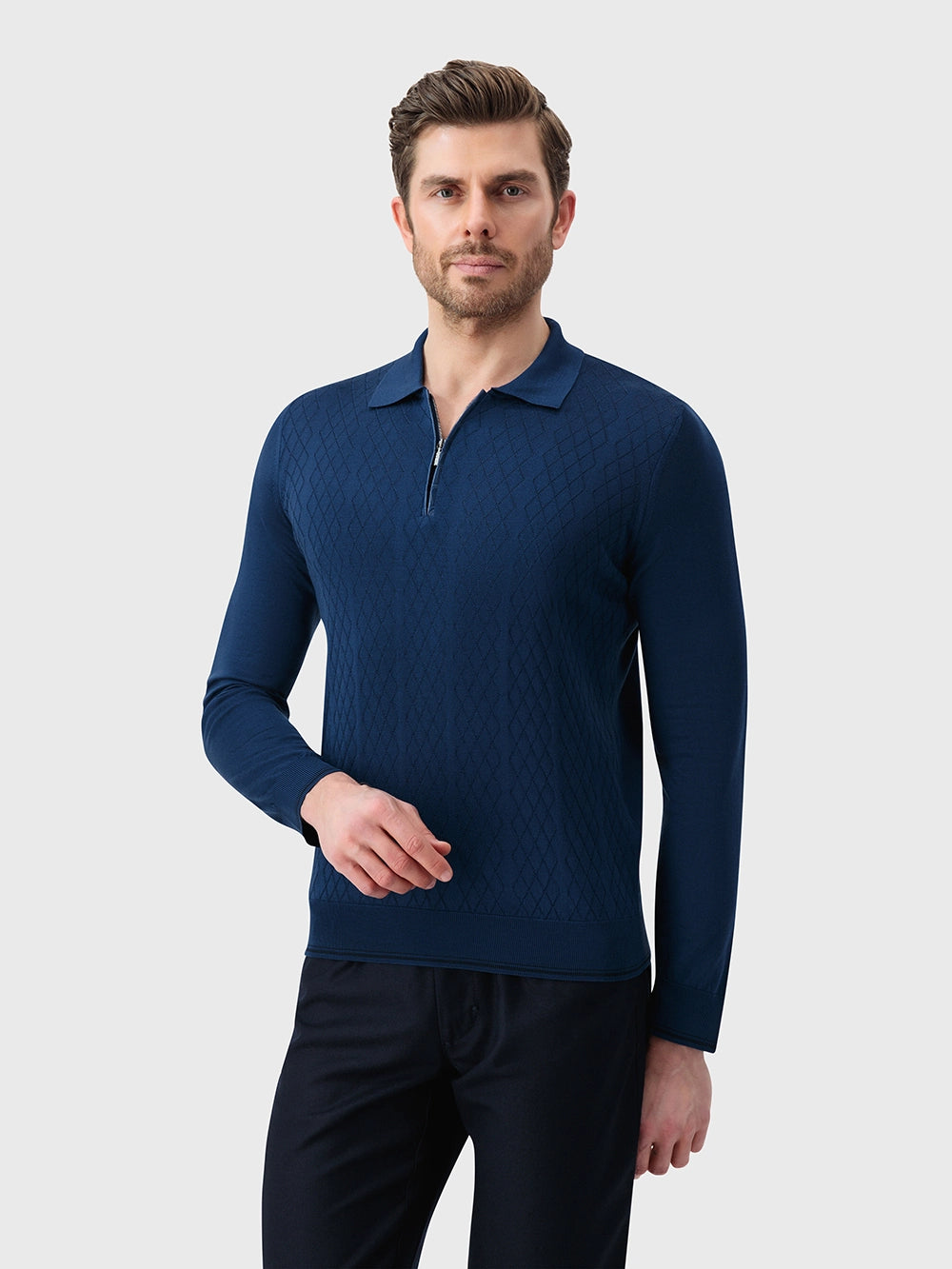 100% Silk Half-Zip Knit with Crocodile Leather Trim – Smoke Blue