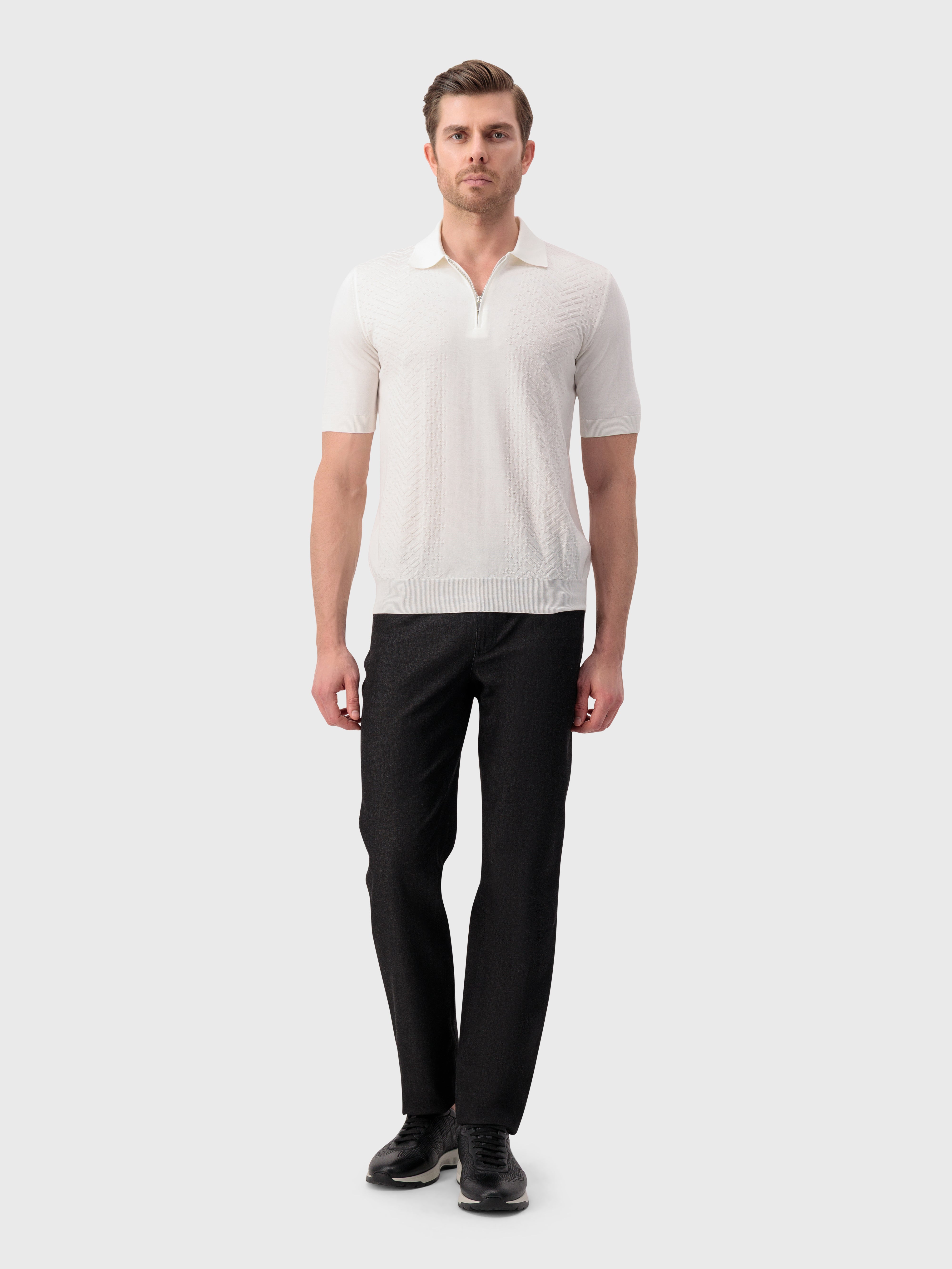 "Micro Lozenges" Silk Knit Polo - Natural White