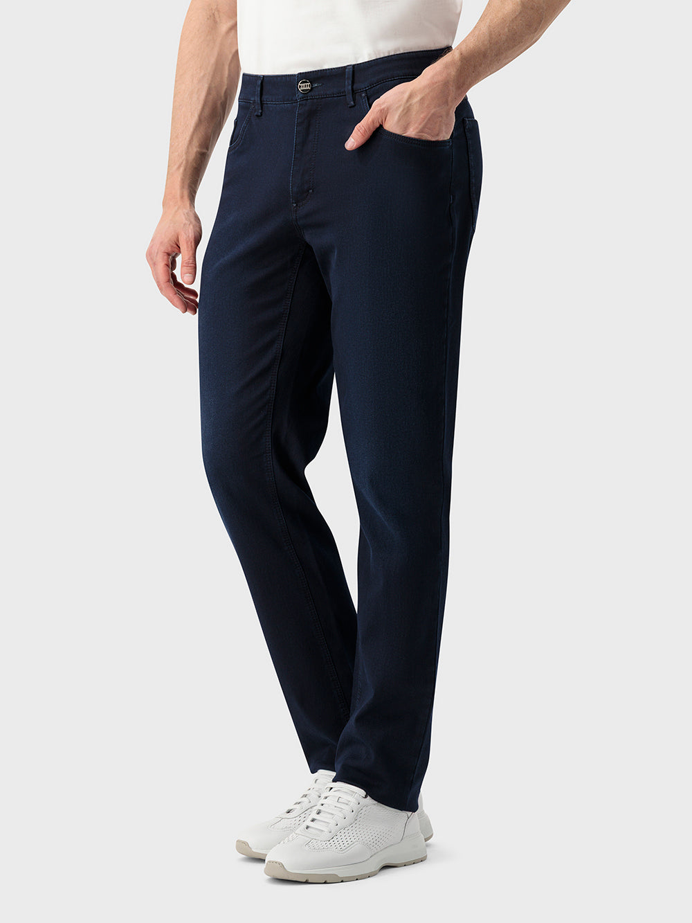 Slim Fit Crocodile-Detailed Denim Cotton Trousers - Blue Navy