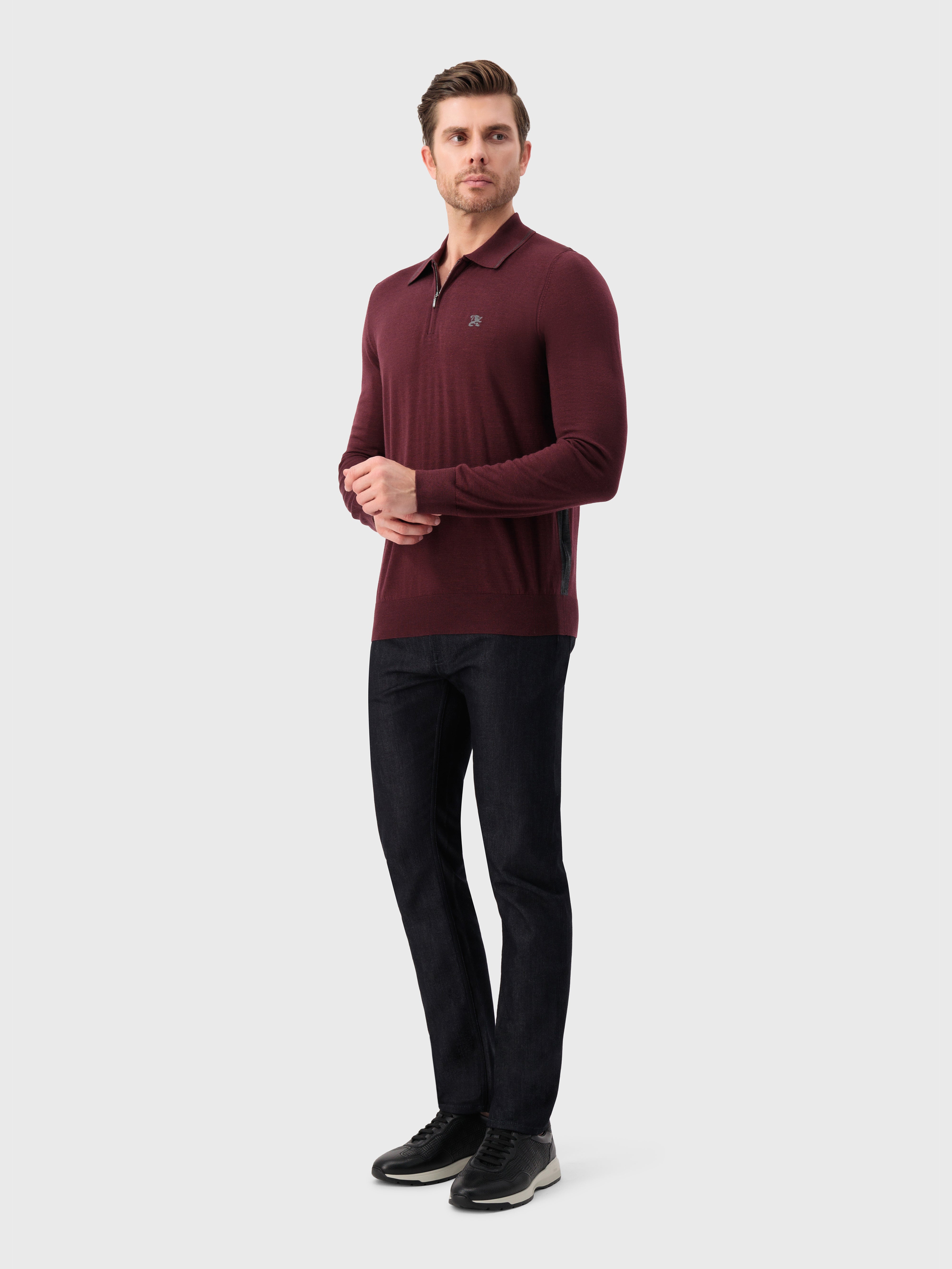 Long Sleeve Polo Shirt with Griffon Emblem Embroidery Bordeaux