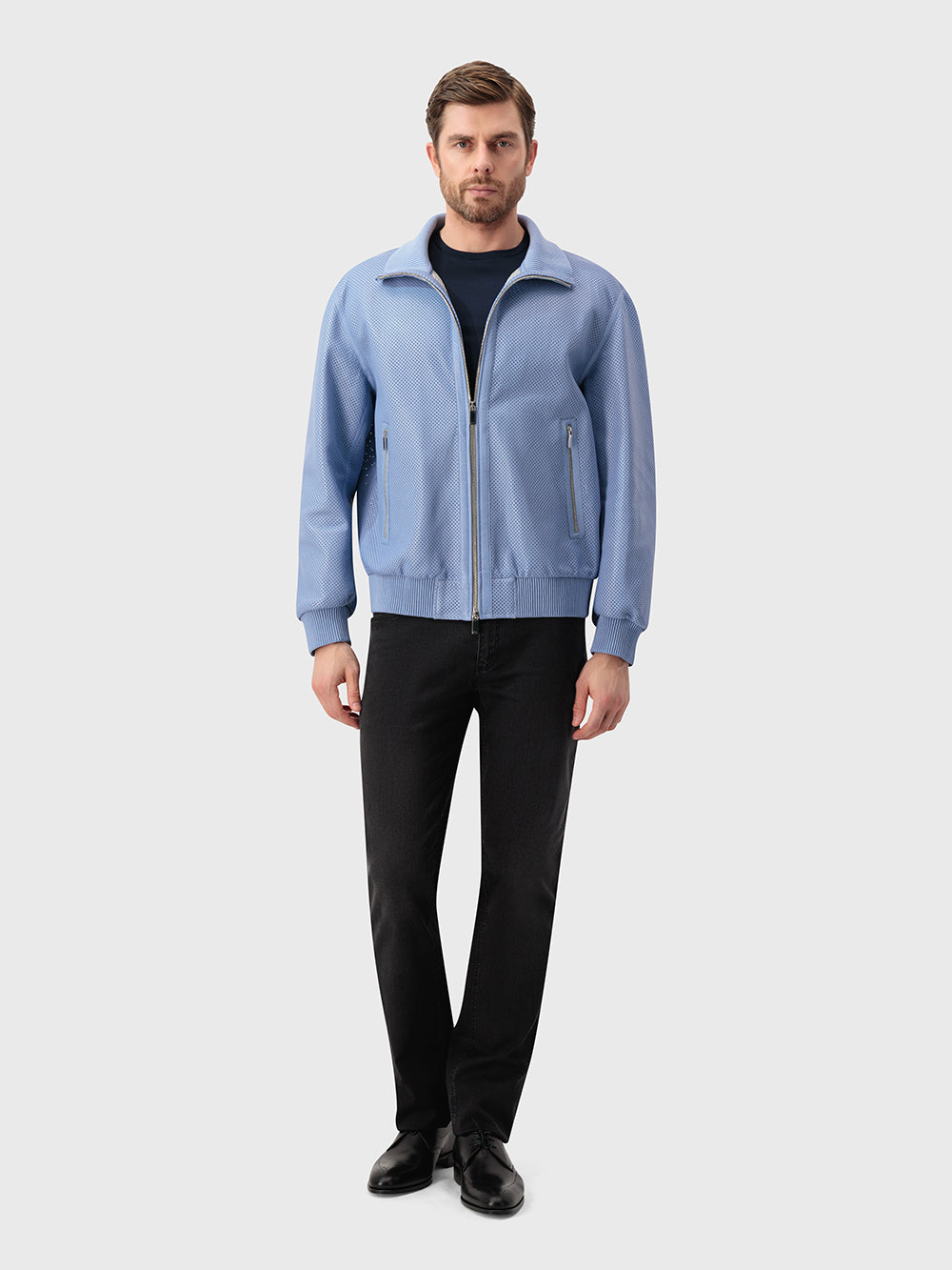 Perforated Leather Bomber Jacket - Pale Blue Onyx & Light Grey