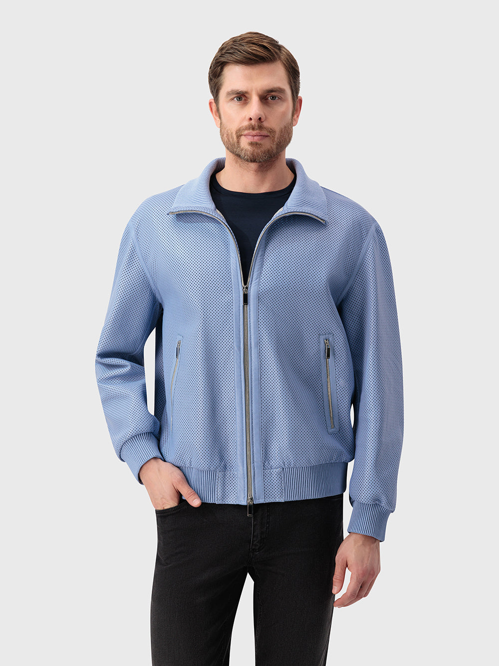 Perforated Leather Bomber Jacket - Pale Blue Onyx & Light Grey