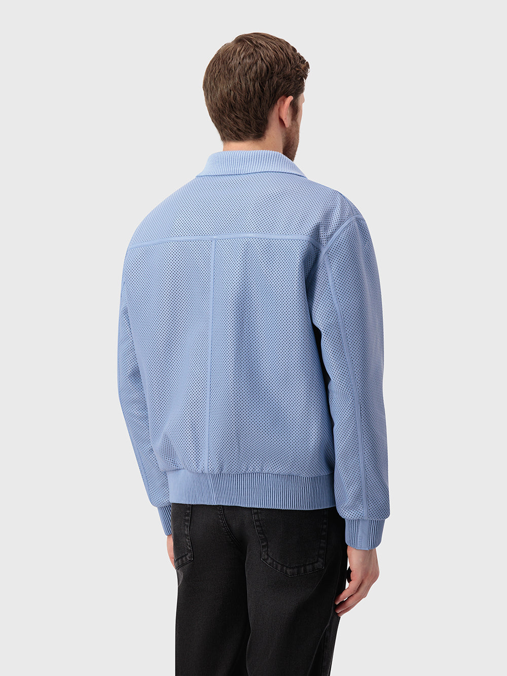 Perforated Leather Bomber Jacket - Pale Blue Onyx & Light Grey