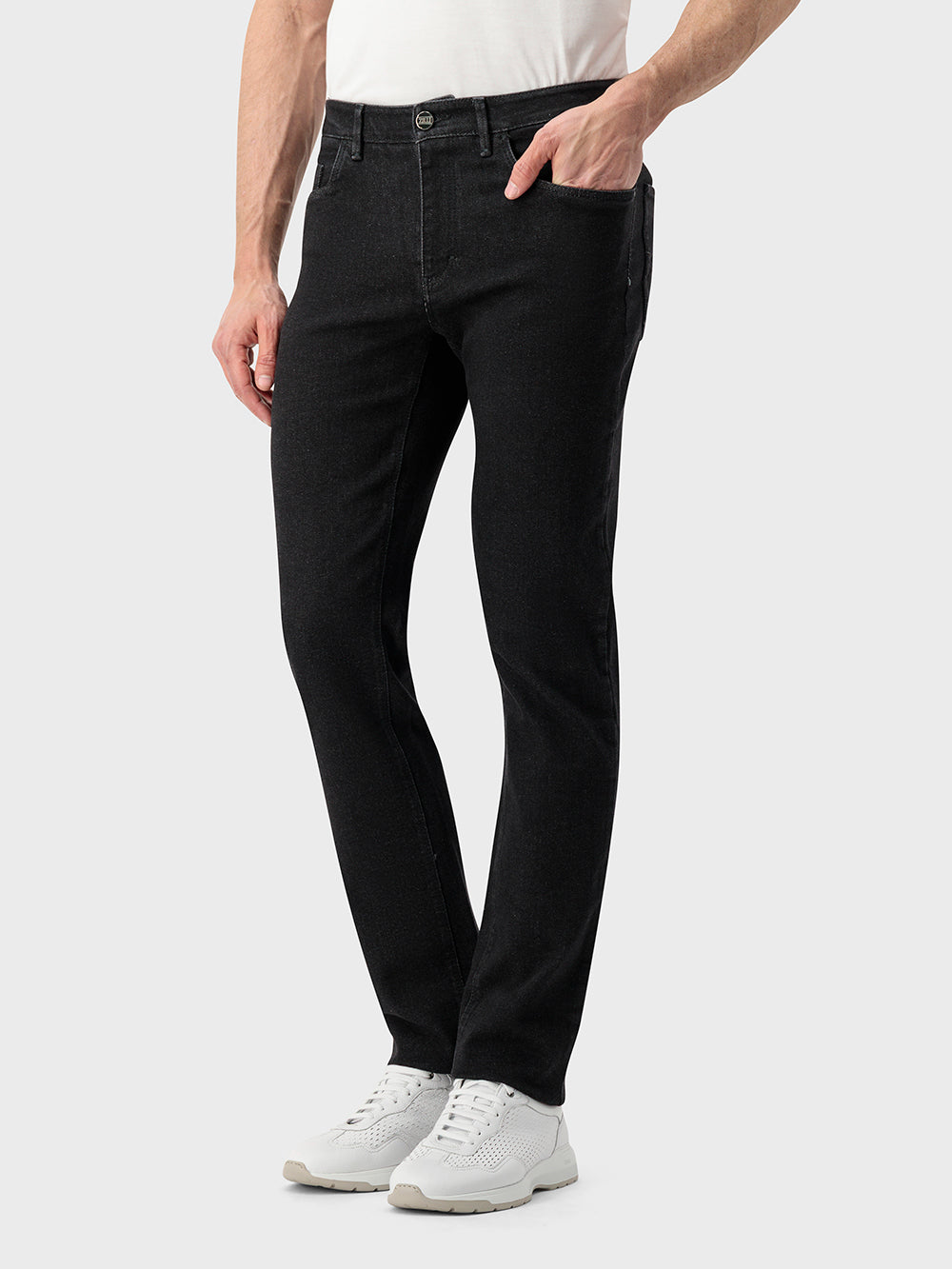 Slim Fit Crocodile-Detailed Denim Cotton Trousers - Black