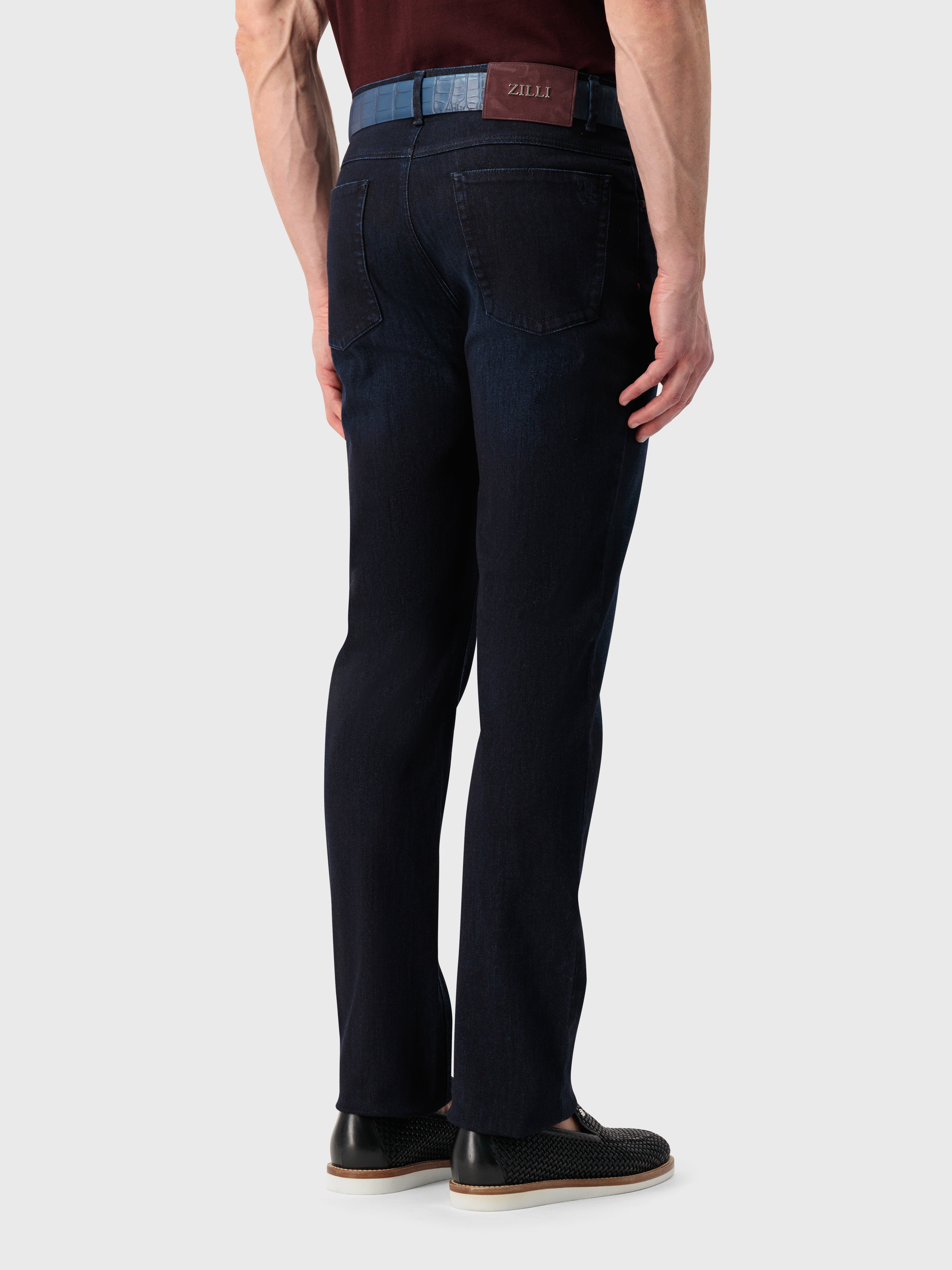 "Lion Embroidery" Tailored Denim Cotton Trousers - Blue Navy