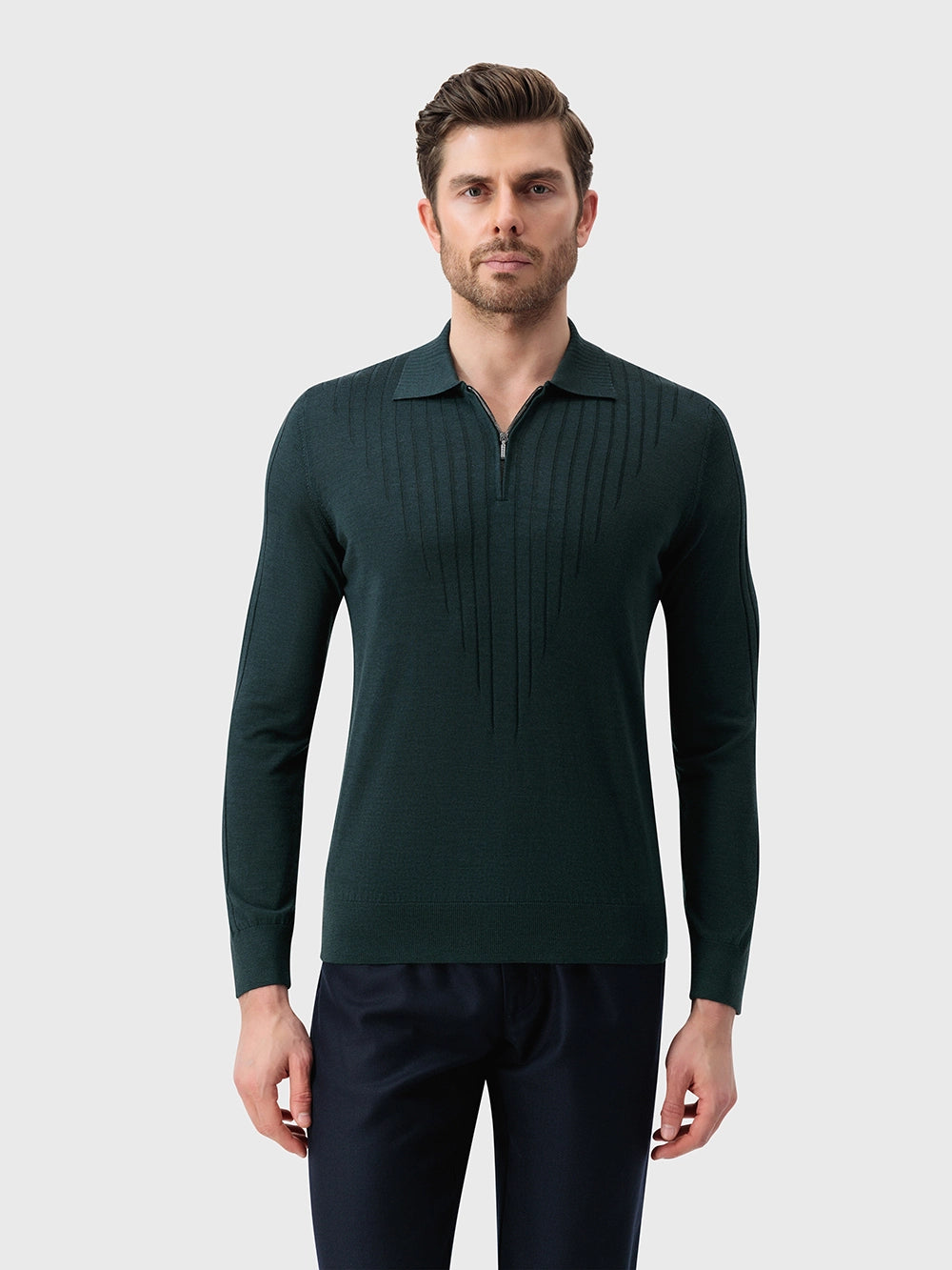 Wool-Silk Blend Half-Zip Knit with Inverted V Rib Panel – English Green
