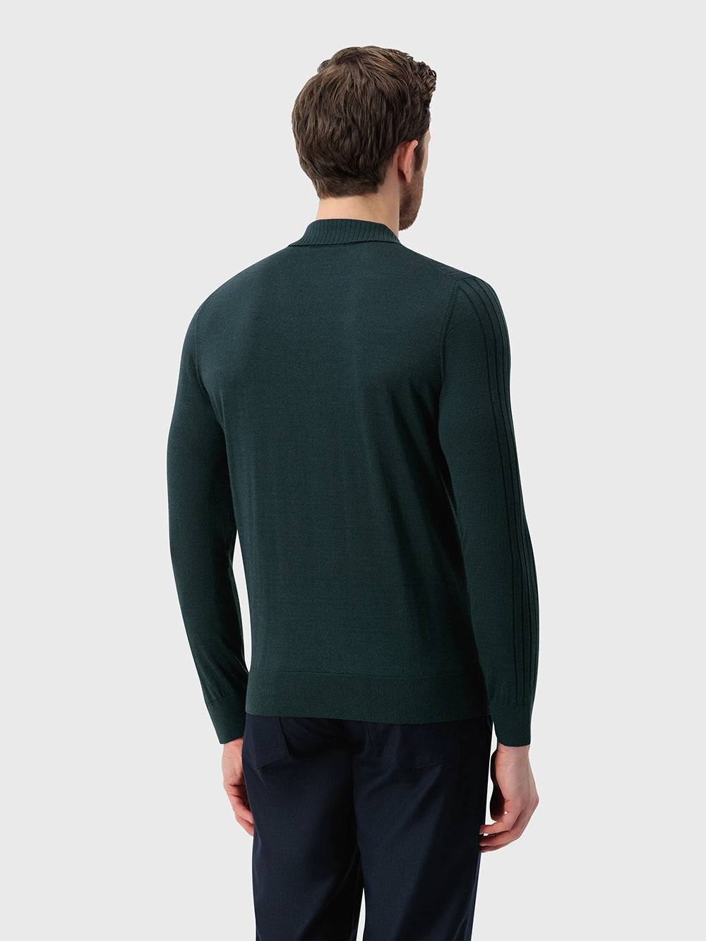 Wool-Silk Blend Half-Zip Knit with Inverted V Rib Panel – English Green